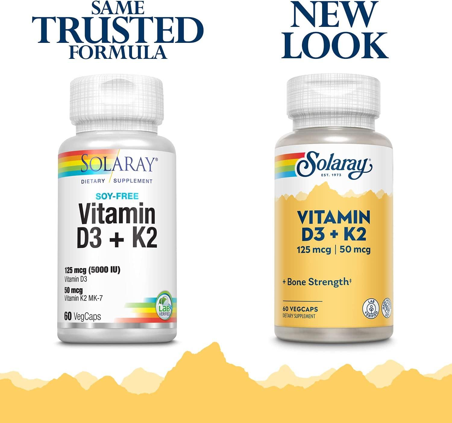 Solaray Vitamin D3 + K2 Soy Free 60 VegCaps for Immune & Bone Health