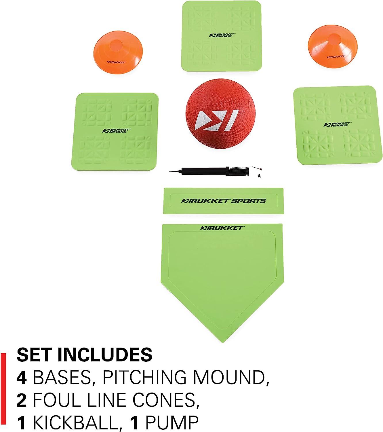 Rukket Kickball Set with Bases Rubber Throw Down Plates and Kick Ball