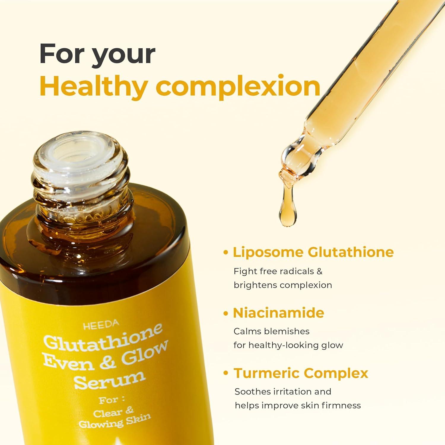 HEEDA Glutathione All-In-One Brightening Serum Niacinamide Kojic Acid &  Turmeric Formula for Dark Spots Radiant Glowing Even-Tone Skin