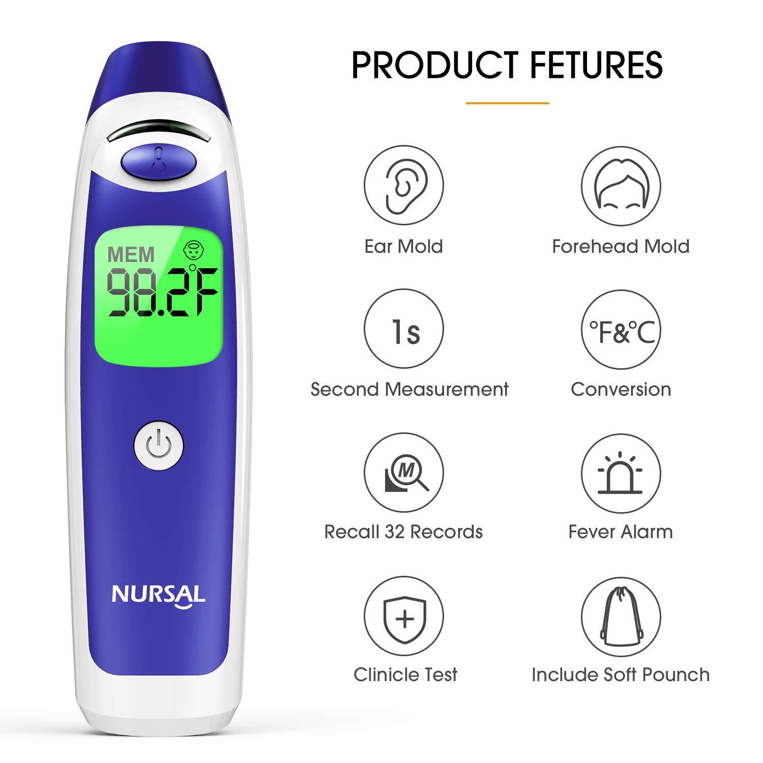 Digital Forehead Ear Thermometer for Adults and Baby, NURSAL Touchless