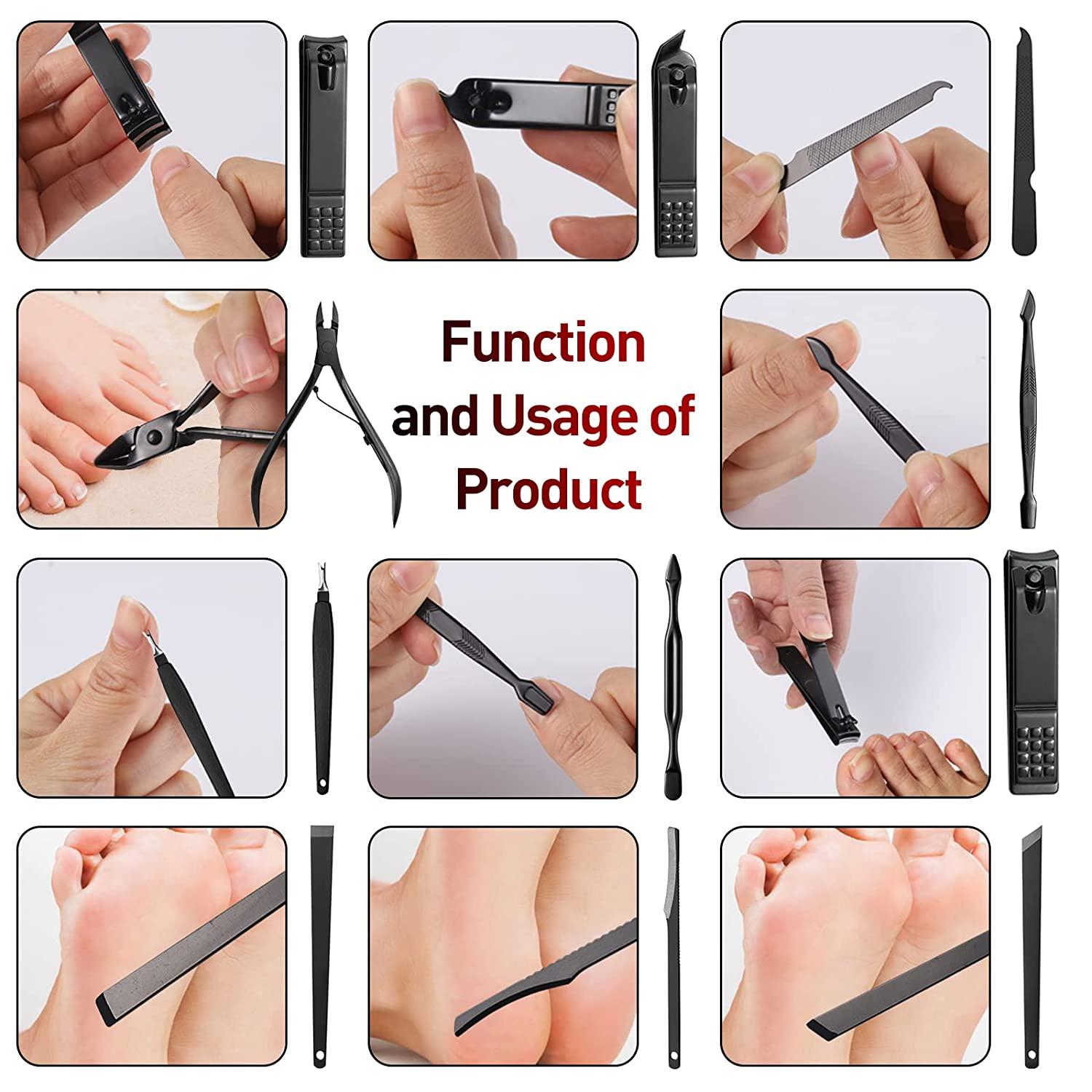 Manicure Pedicure Set Nail Clippers, MUIIGOOD 18 pcs black Nail Care Kit  Personal care Professional pocket Travel Grooming Kit Tools Gift Stainless  Steel with Luxurious PU leather case for Women Men 18