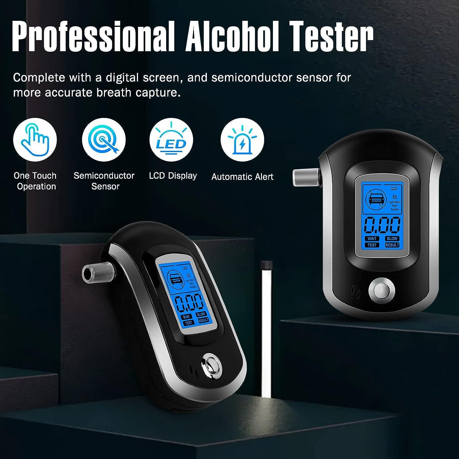 Alcohol Breathalyzer, Professional-Grade Accuracy Alcohol Breath Tester,  Portable Digital LCD Blood Alcohol Tester with 20 Mouthpieces for Personal  or Home Party Use Black