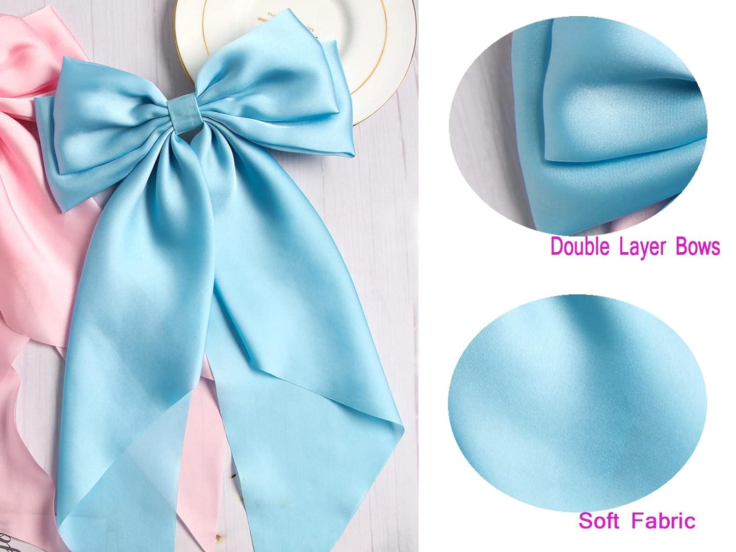Furling Pompoms Hair Bow Clips for Women,White Hair Bows Clips,2pcs Long  Tail Ribbons Bows, Big Satin Bows Hairpins Barrettes Girls Hair Accessories