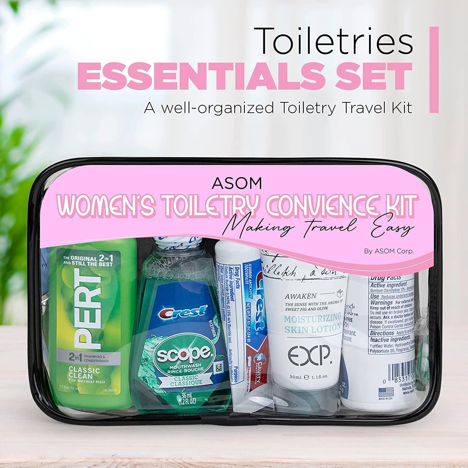 Asom Toiletry Travel Kit, Quality Hygiene Essentials Traveling Toiletries  Prefilled Accessories Convenience Set, Tsa Approved Women Carry On Size  Clear Toiletry Bag Accessory Kits.