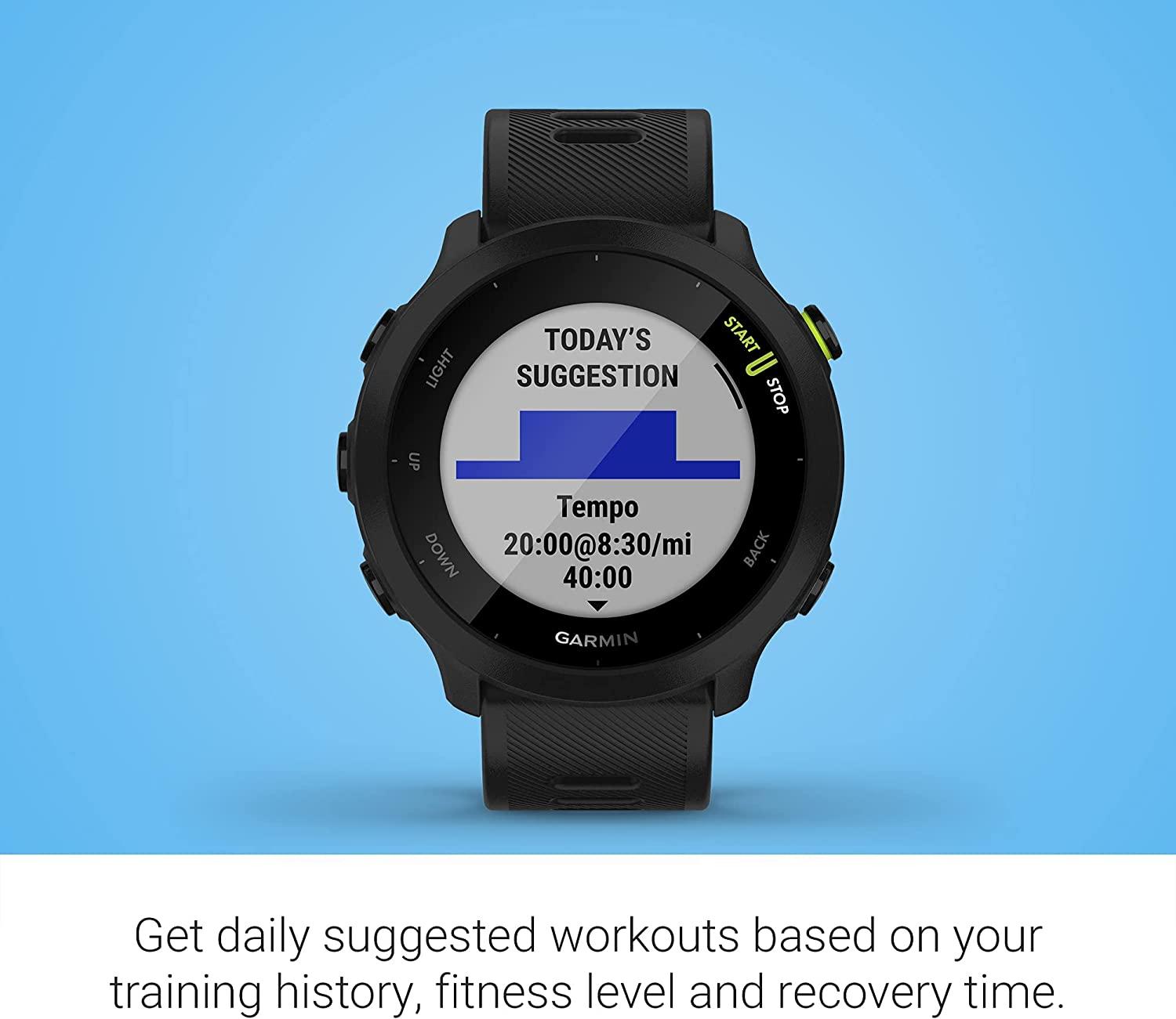 Garmin Forerunner 55, GPS Running Watch with Daily Suggested Workouts, Up  to 2 weeks of Battery Life, Black Black Watch