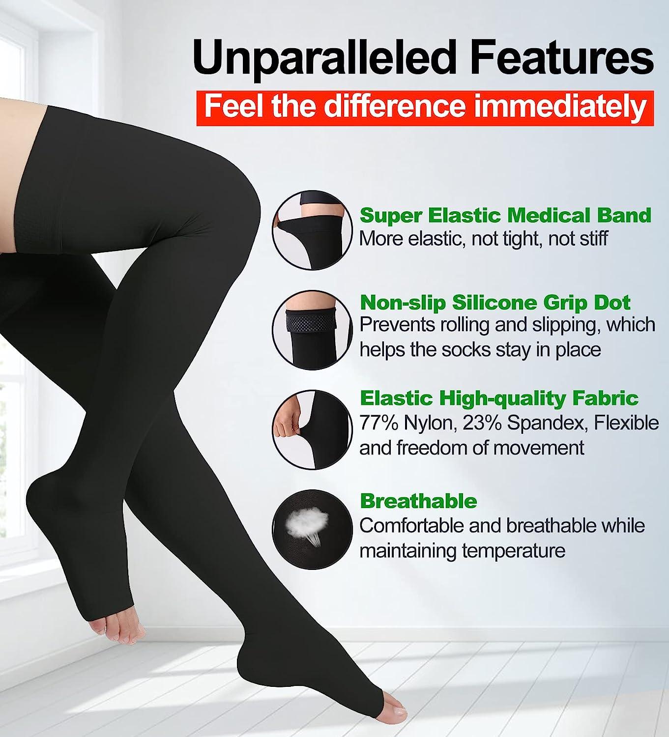 Thigh High Compression Stockings, Open Toe, Pair, Firm Support 20-30mmHg  Gradient Compression Socks with Silicone Band, Unisex, Opaque, Best for  Spider & Varicose Veins, Edema, Swelling, Black XXL 2X-Large Black