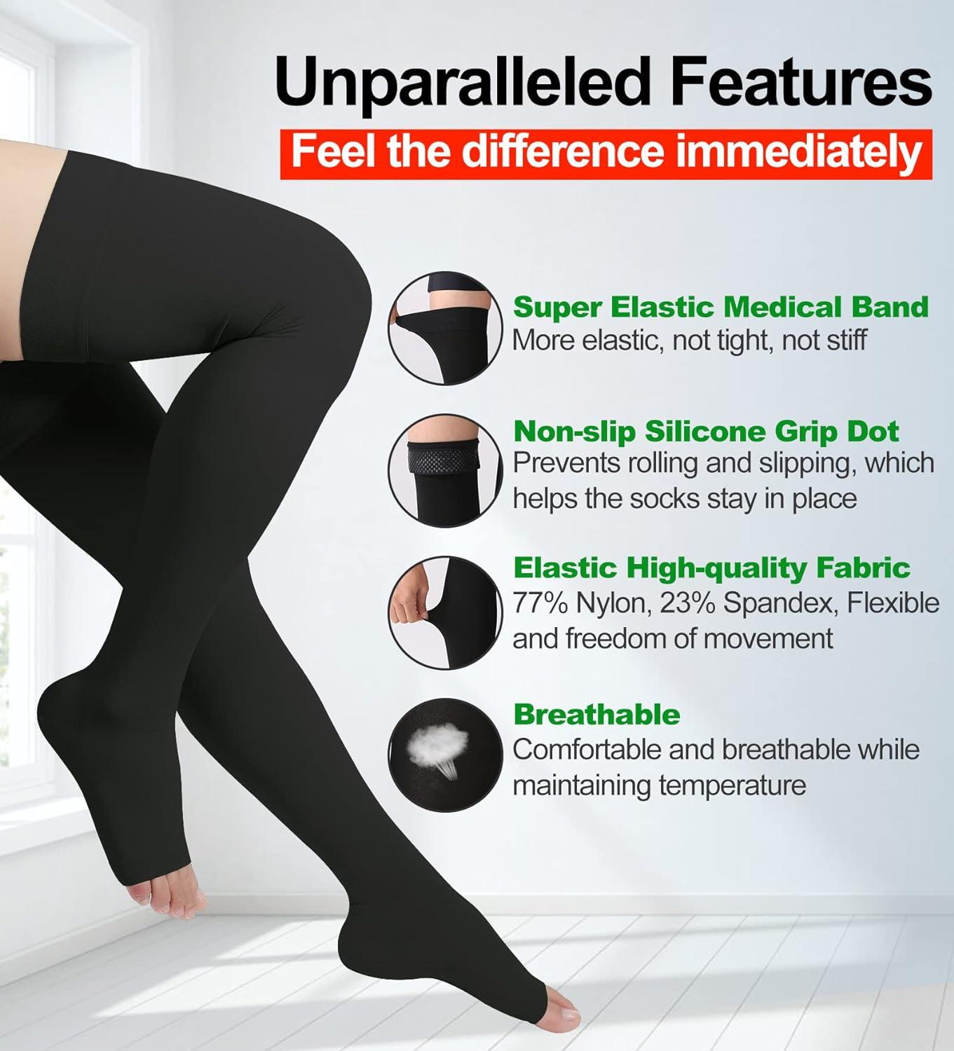 Thigh High Compression Stockings Open Toe Pair Firm Support 20-30mmHg  Gradient Compression Socks with Silicone Band Unisex Opaque Best for Spider  & Varicose Veins Edema Swelling Black M Medium Black