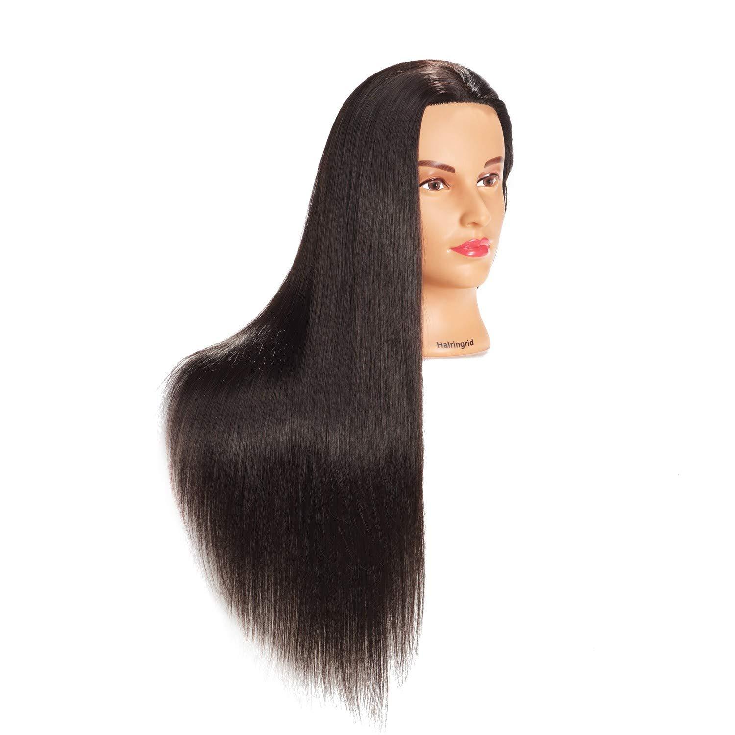 Hairingrid 26 28 Mannequin Head Hair Styling Training Head Manikin Cosmetology Doll Head Synthetic Fiber Hair and Free Clamp Holder (Black)