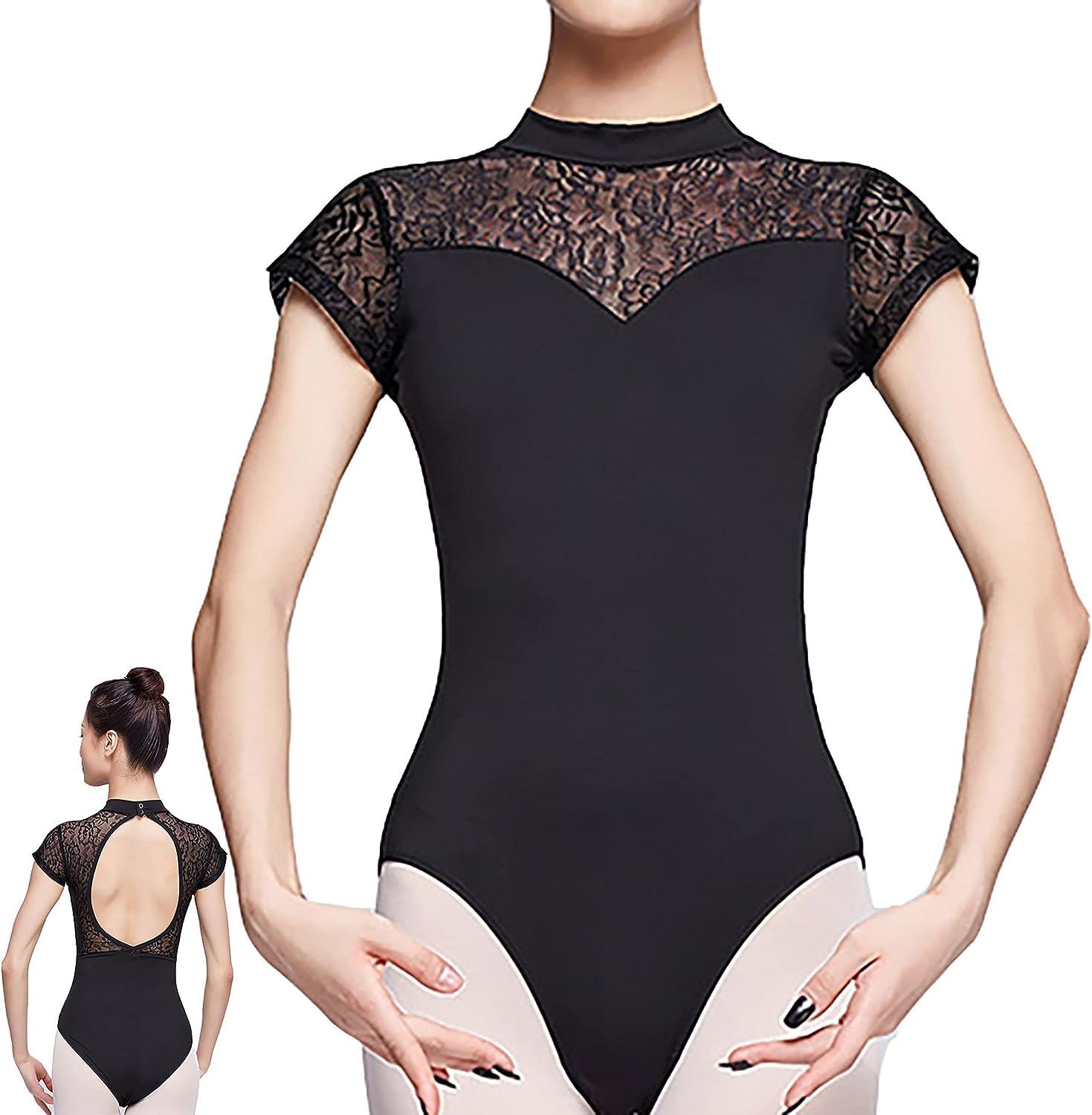 UTOWO Women Ballet Leotards BlackLace ShortSleeve with Elegant Swan