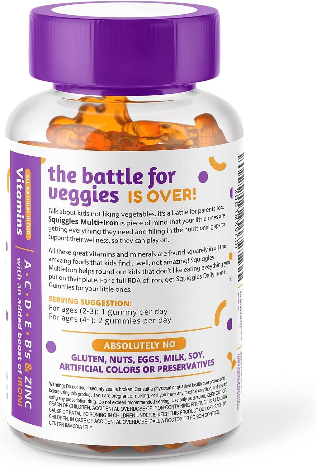 Squiggles Kids Multivitamin + Iron Gummies 100ct AllNatural, Low