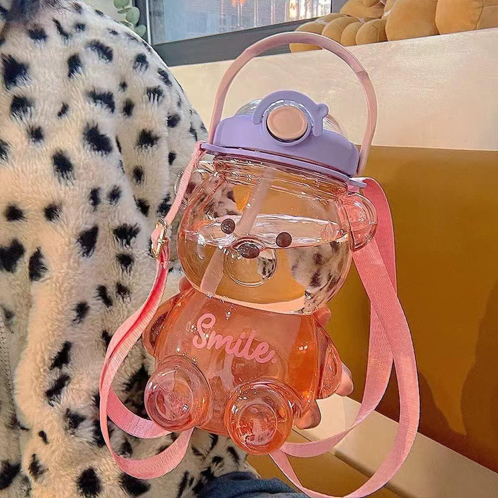 Bear Straw Bottle Portable Large Capacity Bear Water Bottle with Strap and  Straw Cute Bear Shaped Water Bottle Adjustable Removable Strap for Girls  School Outdoor Travel (purple-34oz)