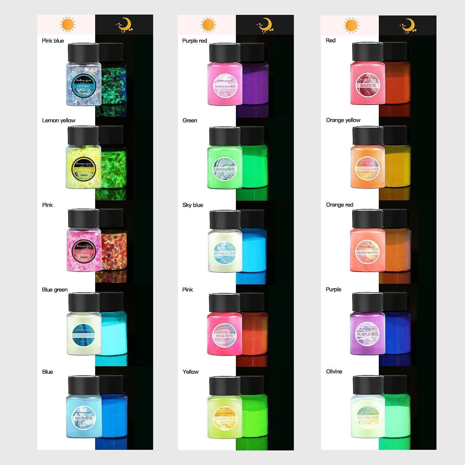 Glow in The Dark Pigment Powder Set - 15 Jars, 12 Color Glow Pigment, 3 ...