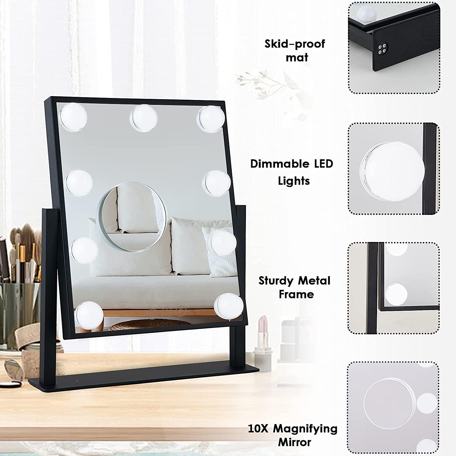 Hansong Black Vanity Mirror Makeup Mirror With Lights 12 Dimmable LED Bulbs Lighted Makeup Mirror Touch Screen Control 10X Magnification