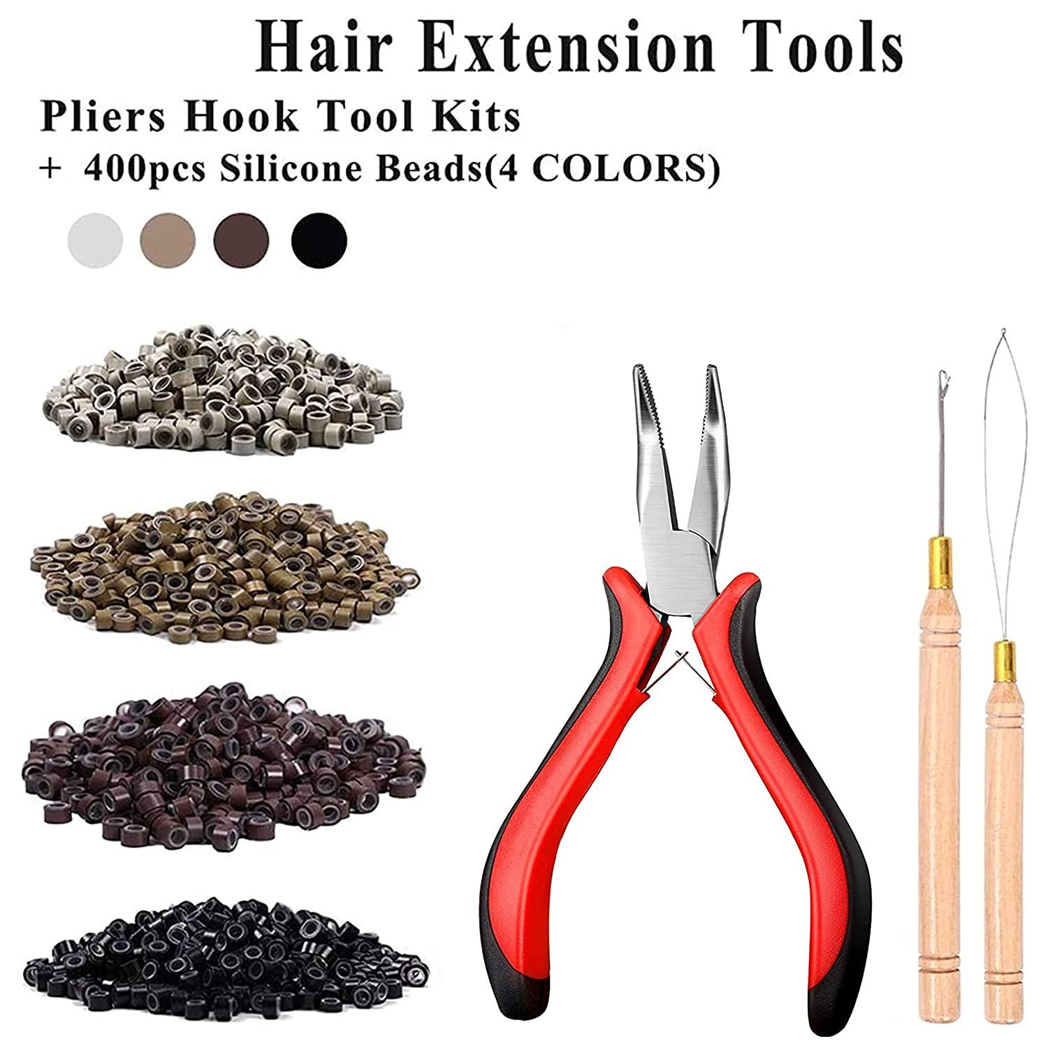 Hair Extension Kit Pliers Pulling Hook Loop Needle Threader Hair Extensions  Tools with 4 Color Micro Ring Beads (Black, Brown, Dark Blonde, Blonde) 100  Black, 100 Brown, 100 Dark Blonde, 100 Blonde