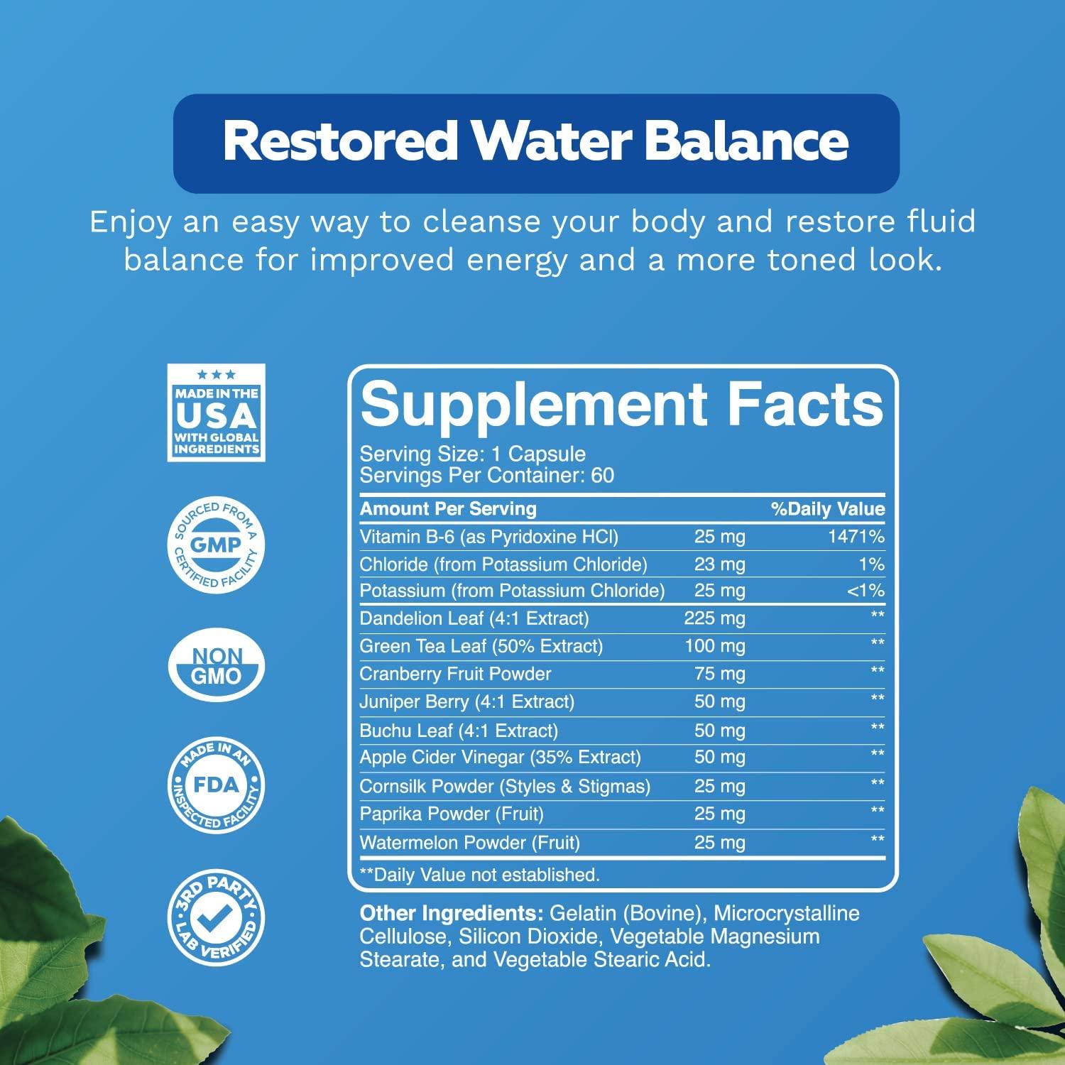 Natural Diuretic Water Away Pills Vitamin B6 Potassium & Dandelion Root