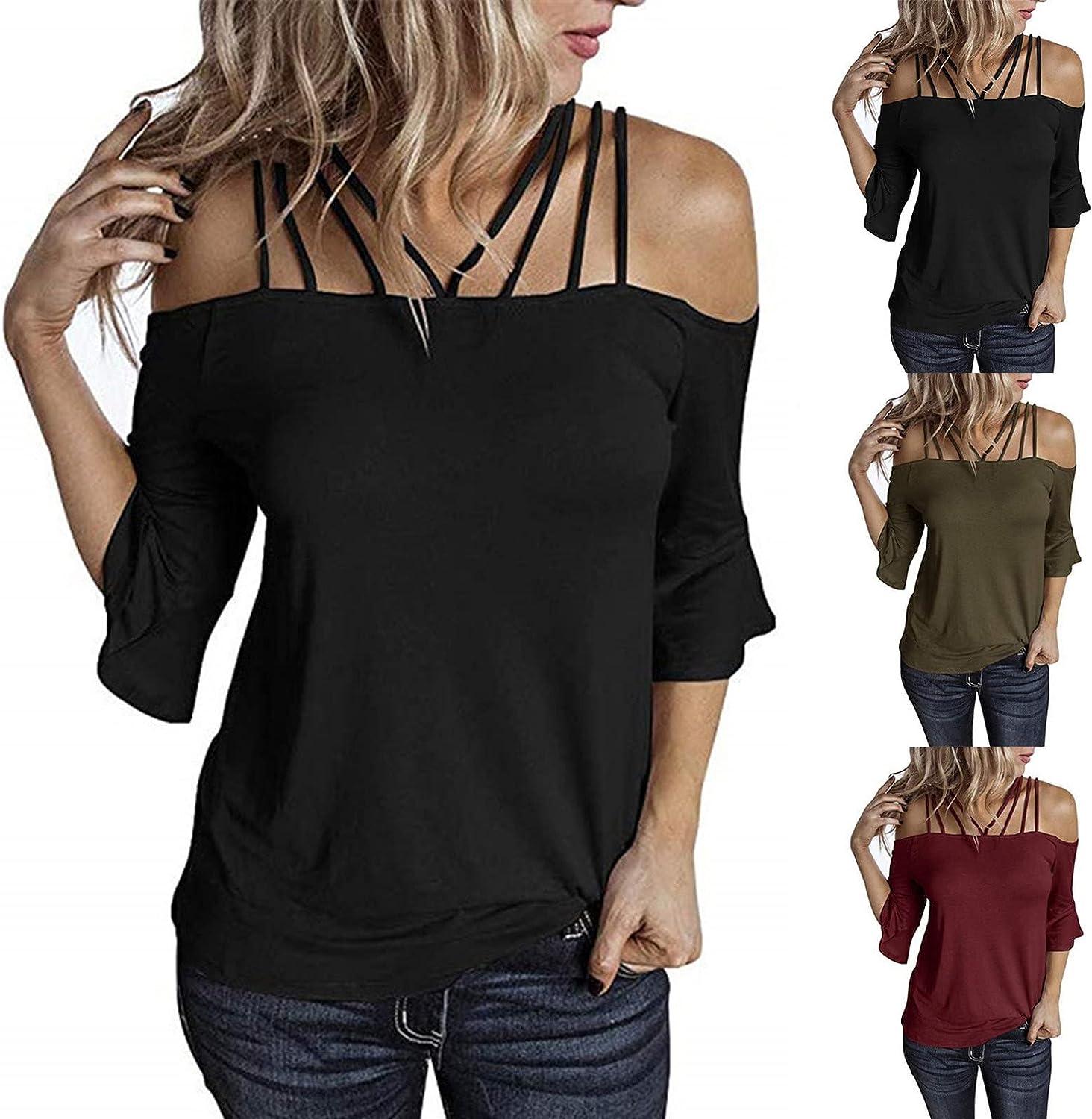 Sexy Tops for Women Cold Shoulder Hanging Neck Top Basic Solid Tees Fit  Slim-Looking Shirts Summer Party Ball Blouses Large 02black