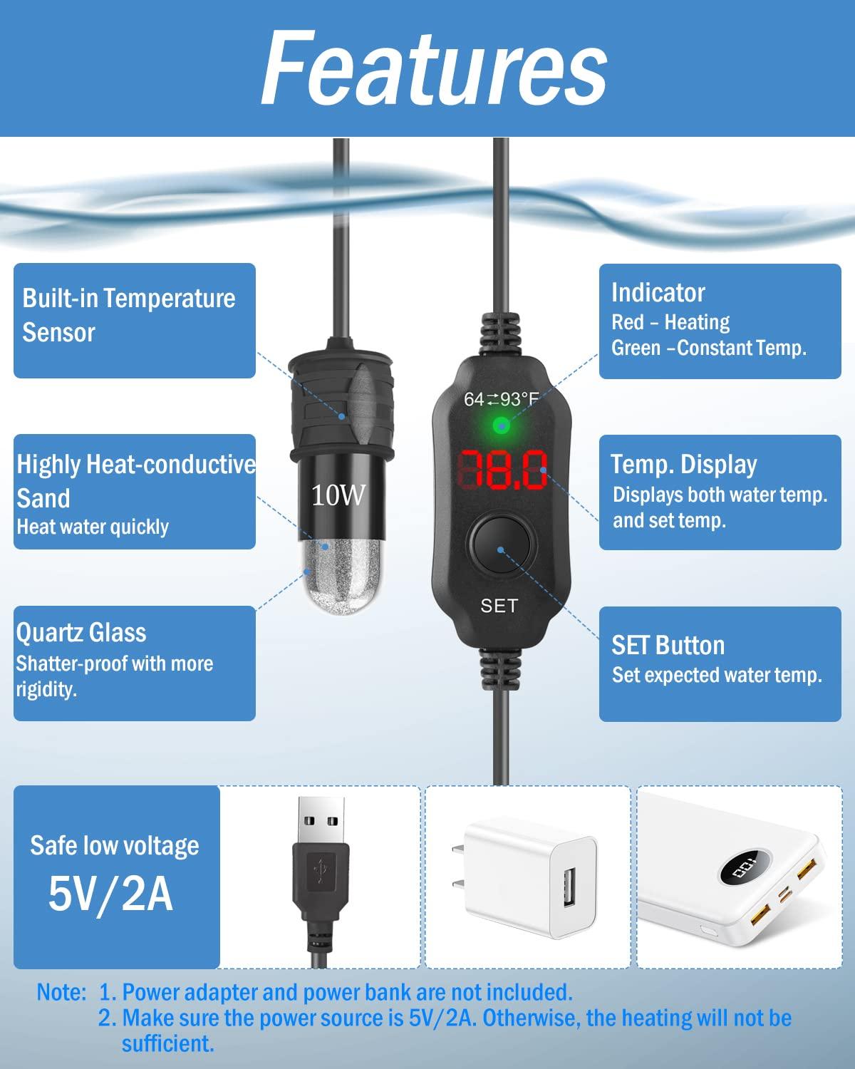 Kulife 5V/2A USB Powered 10W Super Mini Fish Tank Heater Adjustable