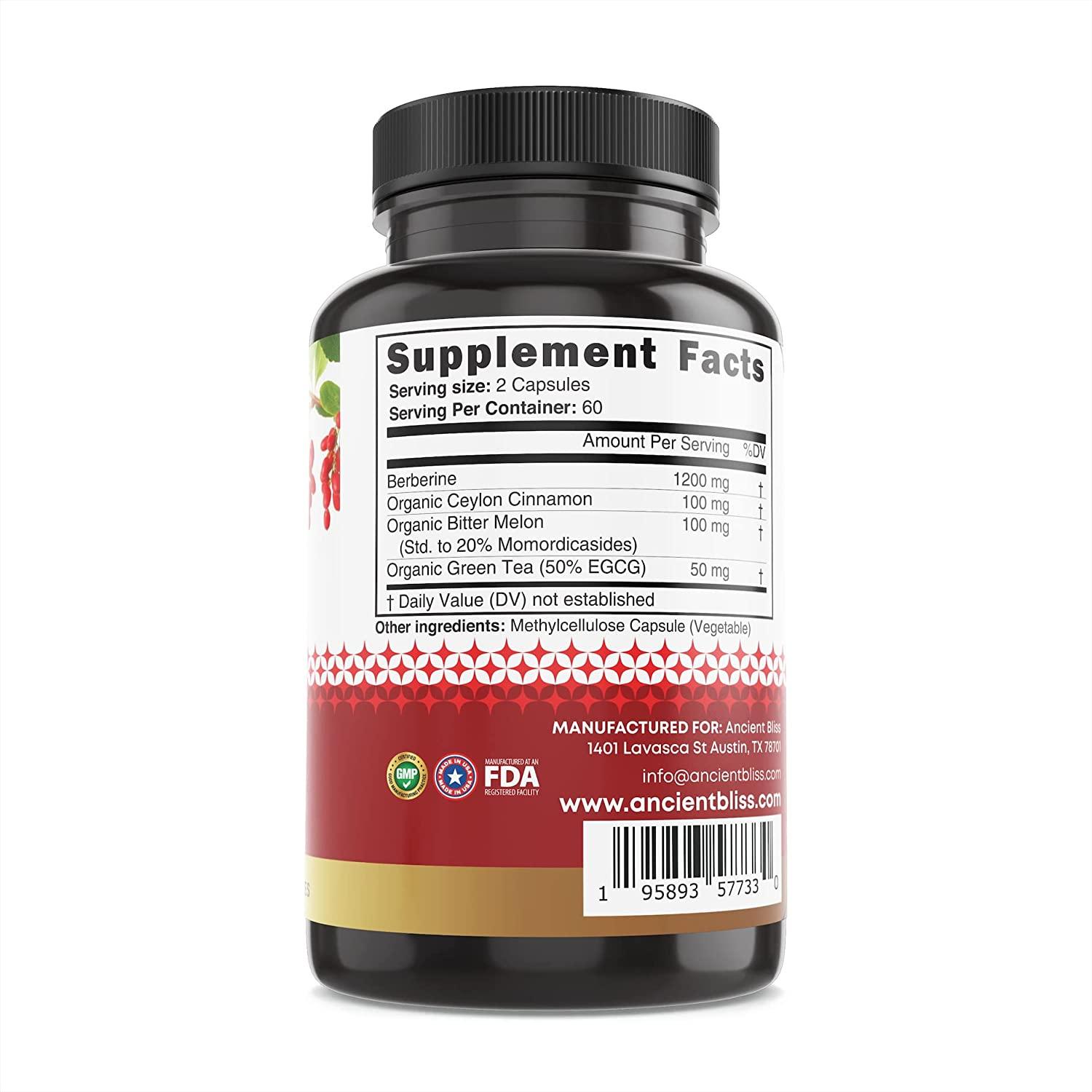 Berberine HCL 1200mg with Ceylon Cinnamon, Bitter Melon & Green Tea Extract 120 Capsules