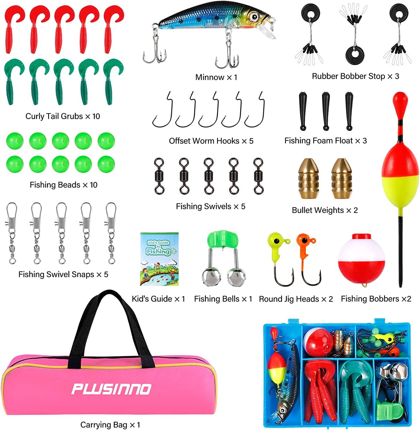 PLUSINNO Kids Fishing Pole with Spincast Reel Telescopic Fishing Rod Combo  Full Kits for Boys, Girls