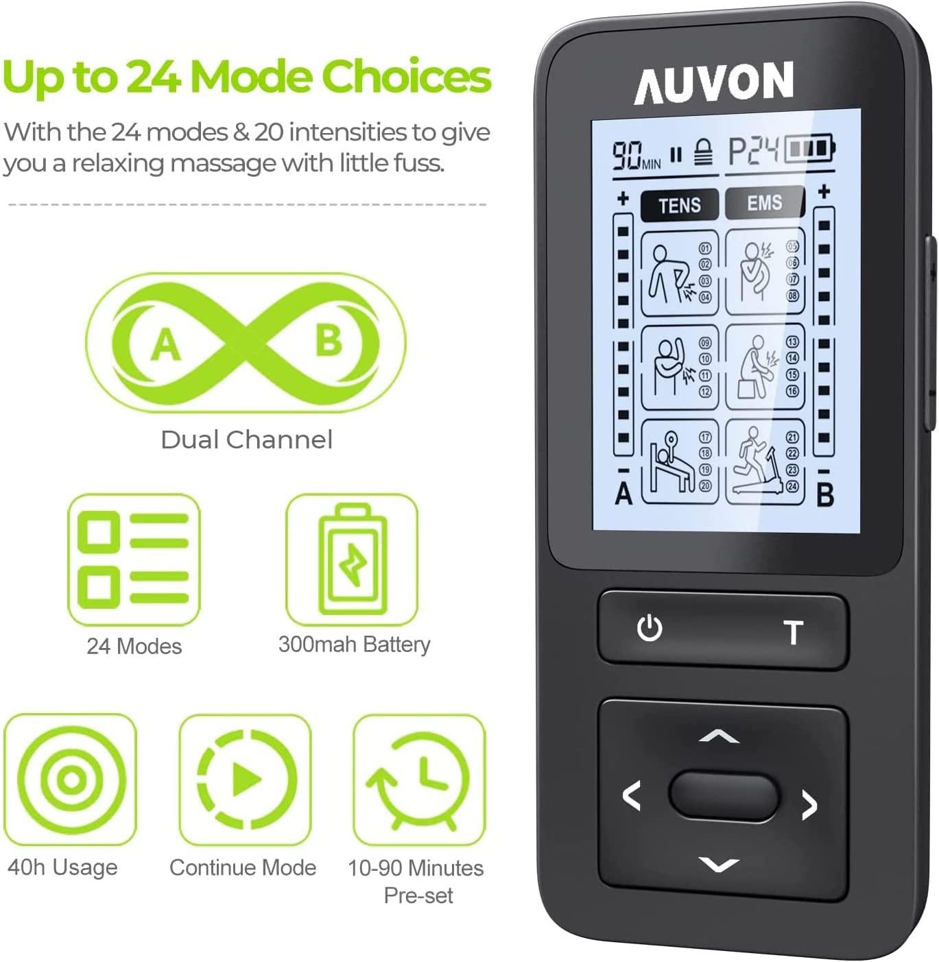 AUVON Dual Channel TENS Unit Muscle Stimulator, 20 Modes Rechargeable
