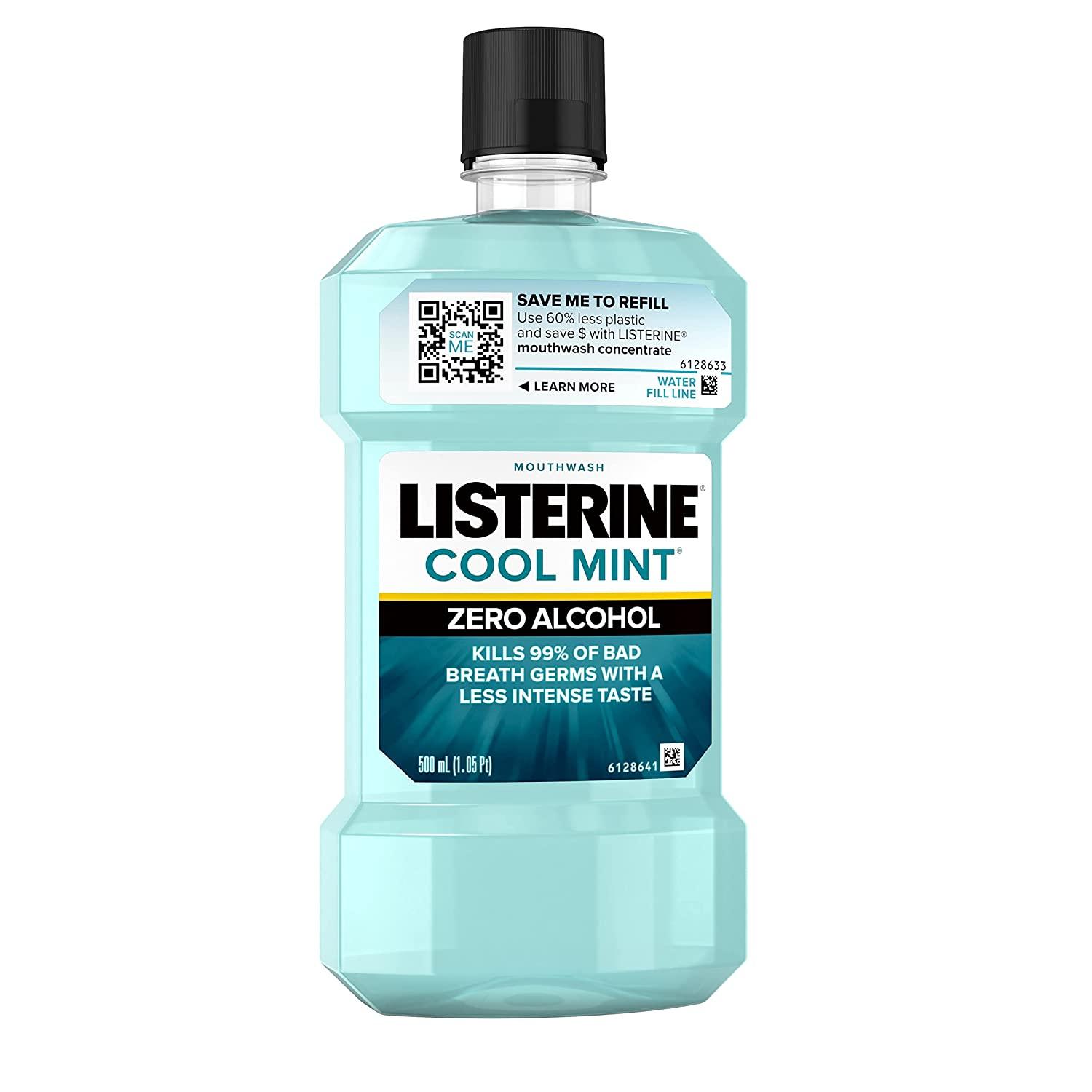 Listerine Cool Mint Zero Alcohol Mouthwash, Less Intense AlcoholFree Oral Care Formula for Bad