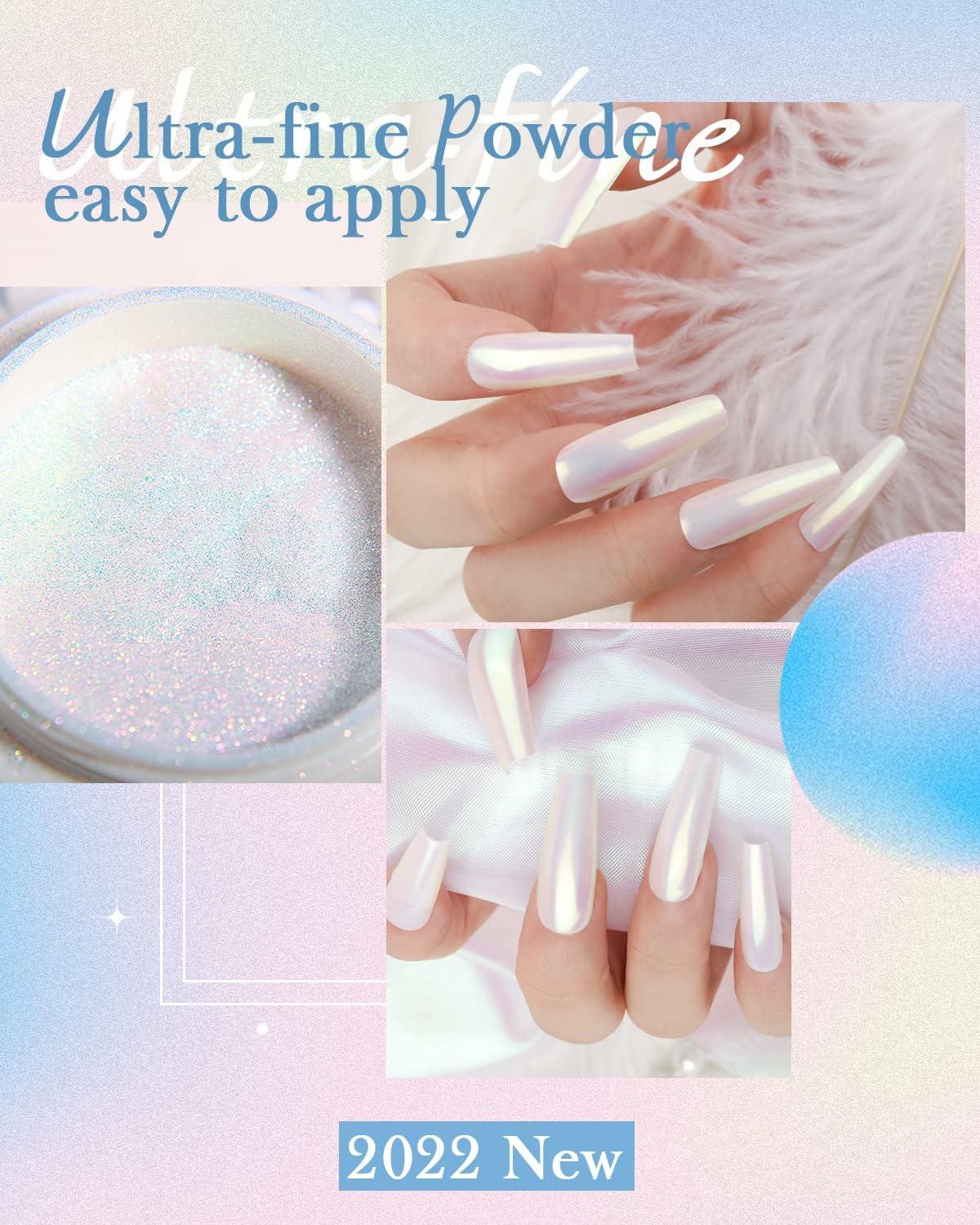  2 Pcs Aurora Chrome Powder for Nails White Iridescent