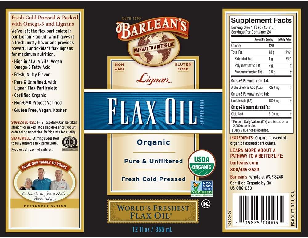 Barlean's Lignan Flaxseed Oil 7230mg ALA Omega3 for Heart Health