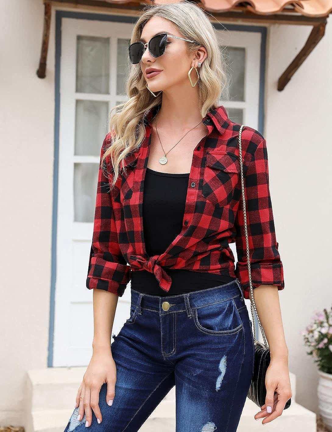 Irevial Womens Plaid Flannel Shirts Casual Long Sleeve Pintucked Button  Down Blouse Tops Fall Jacket Shackets Coats Medium Red
