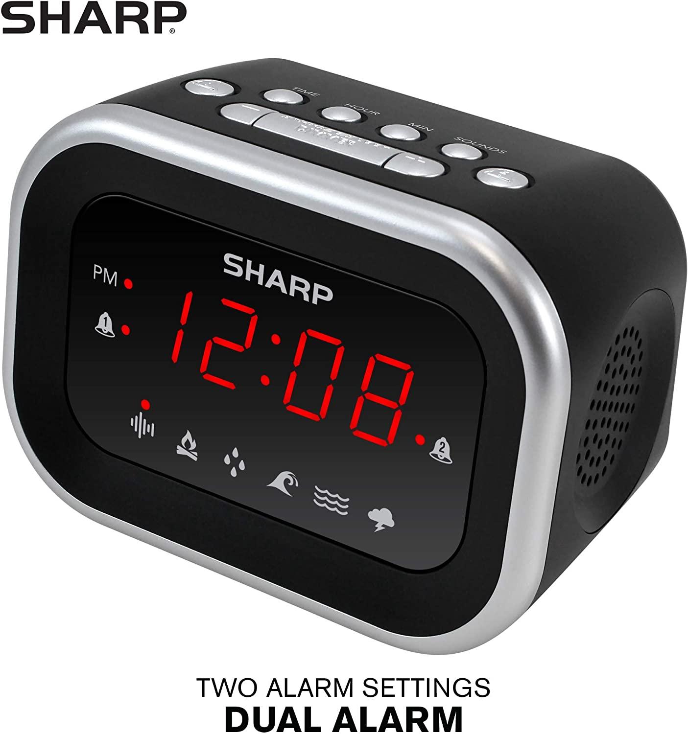 SHARP Dual Alarm Clock with Sound Machine with 6 Relaxing Sounds White