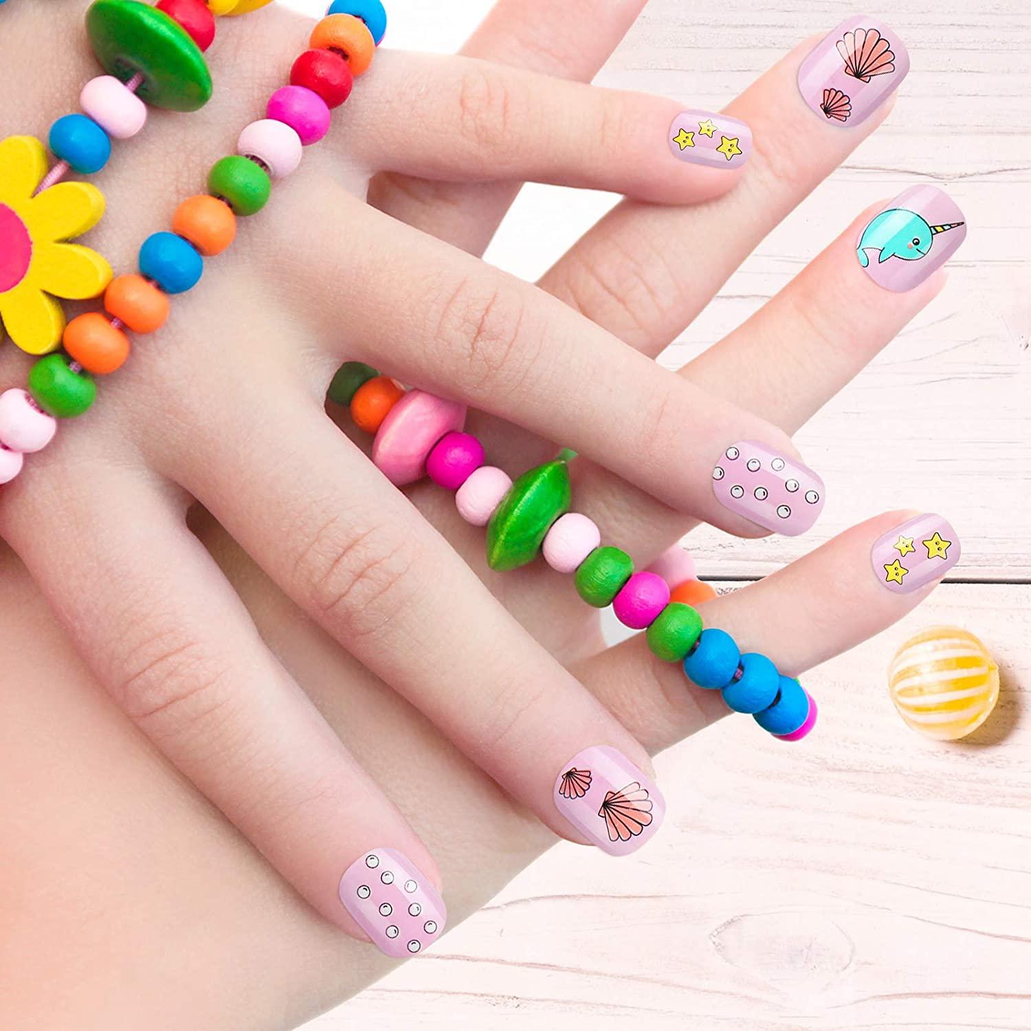 96 Pieces Children Girls Press on Nails False Cartoon Pre-Glue Fake Nails  Kids Full Cover Colorful Nail Tips Short Glitter Gradient Fake Nails for  Kids Girls DIY Nail 4 Boxes (Ocean Series)