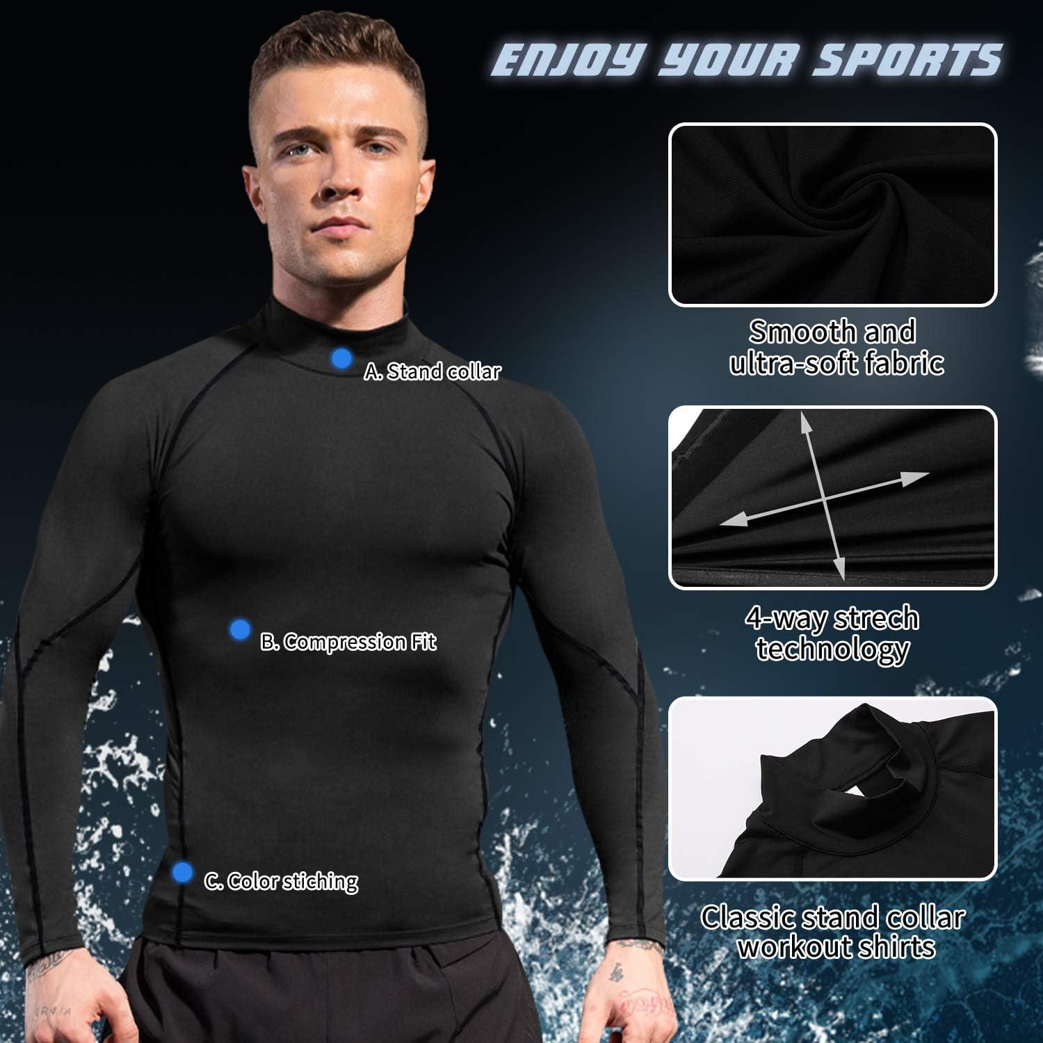 Men's Compression Shirts Long Sleeve Athletic Workout Tops Gym Undershirts  Active Sports Baselayers 2pcs Black, White Medium