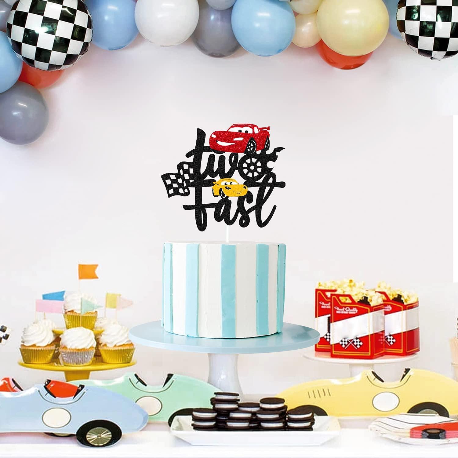 Race Car Cake Topper for 2nd Birthday Party Checkered Flag Decoration