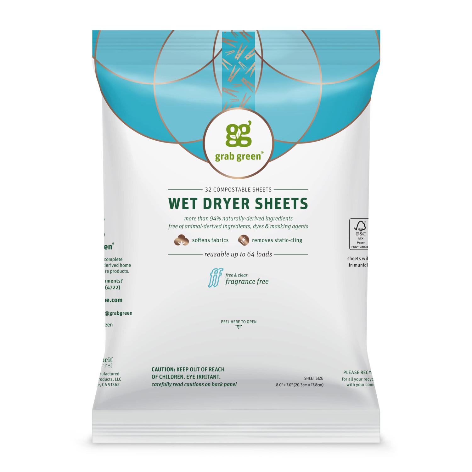 Grab Green Natural Wet Dryer Sheets Unscented 32 Count, Fragrance