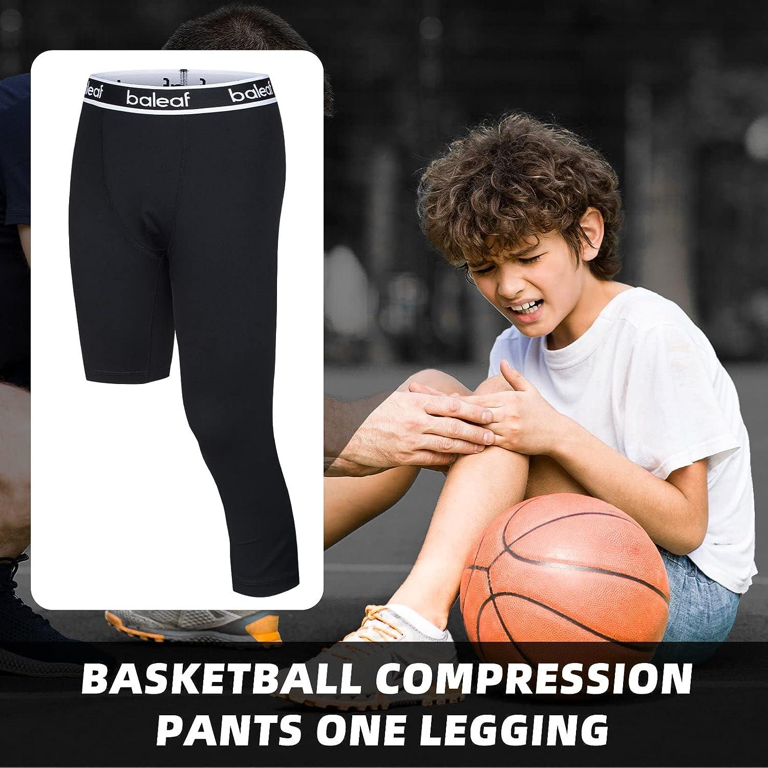 BALEAF 3/4 Youth Boys Compression Leggings Athletic Training Capris Tights  Pants Kids Basketball Football Base Layer Medium Black: 3/4 Long Left &  Short Half Right