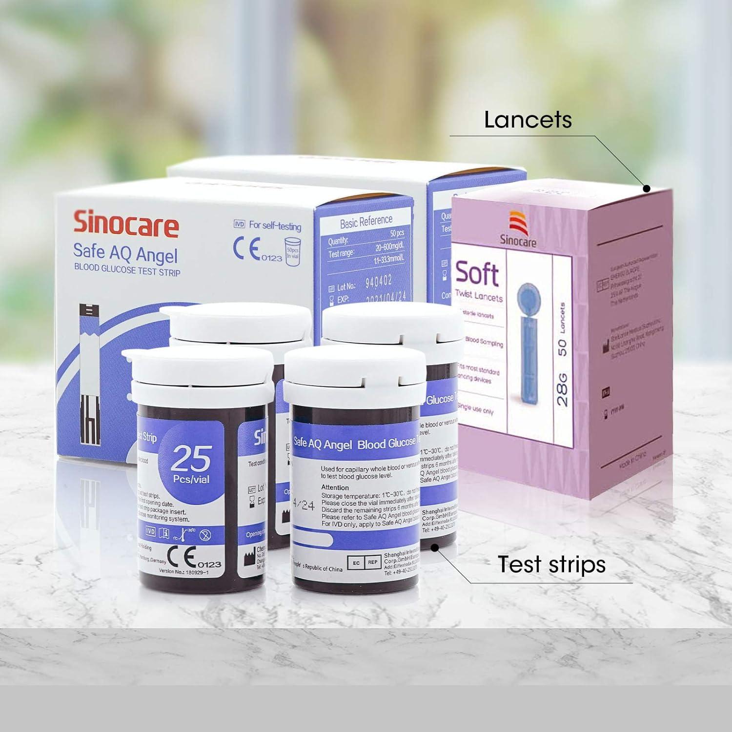 Sinocare Diabete Blood Glucose Test Strips x 100 & Lancets x 100 Bundle for Safe AQ Angel