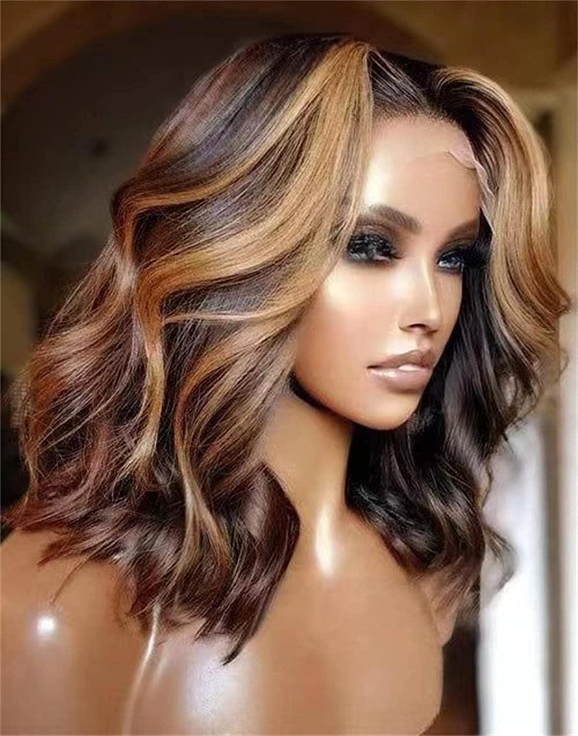 Short Women's Ombre Wigs Synthetic Lace Front Medium Wavy Brown/Blonde  Highlights Color 30#/27# Natural hairline 180% Density Balayage Hair Blonde  Wig(16inch) Brown Highlights Blonde Wave 16