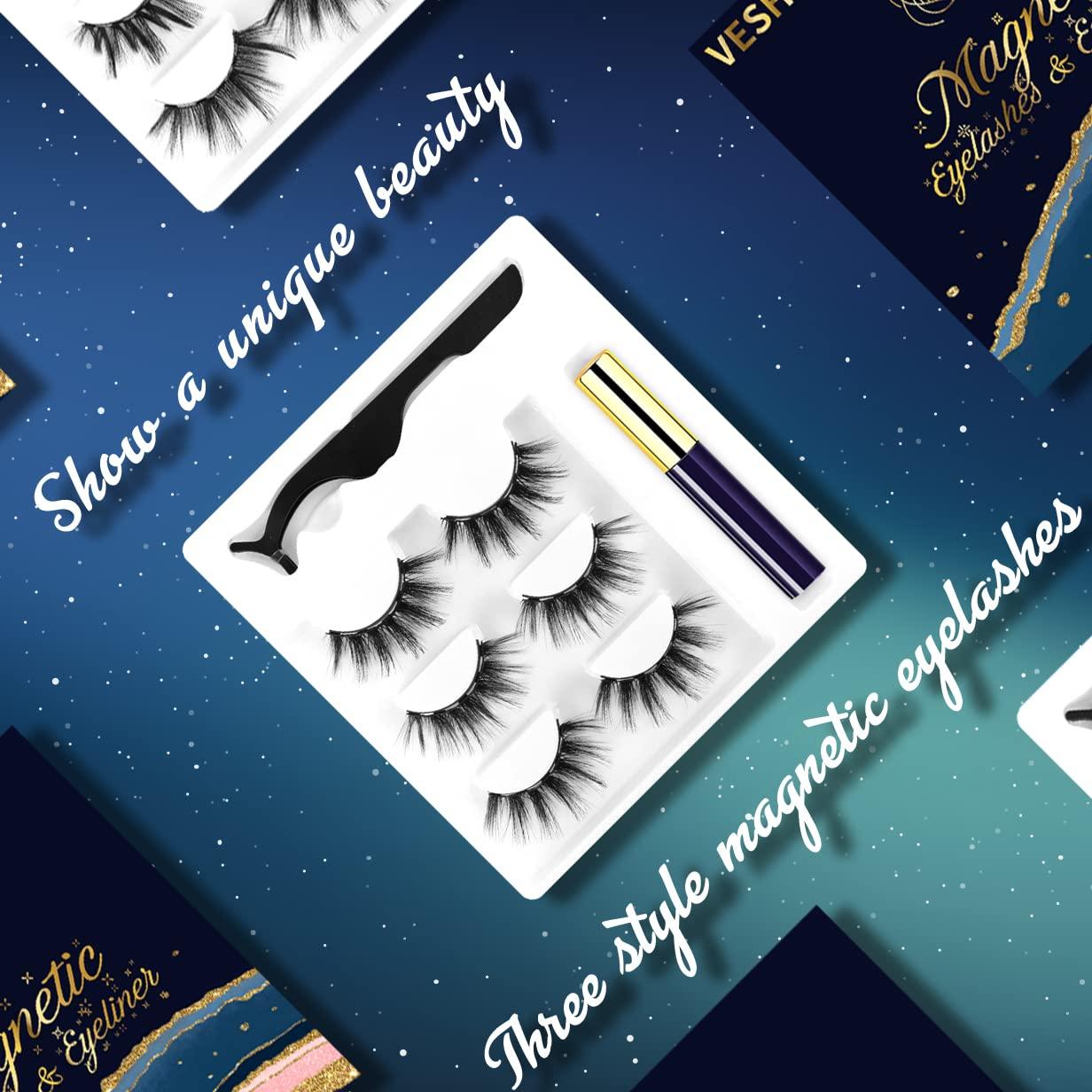 VESHELY Mink Eyelashes with Eyeliner,3 Pairs Mink Dramatic