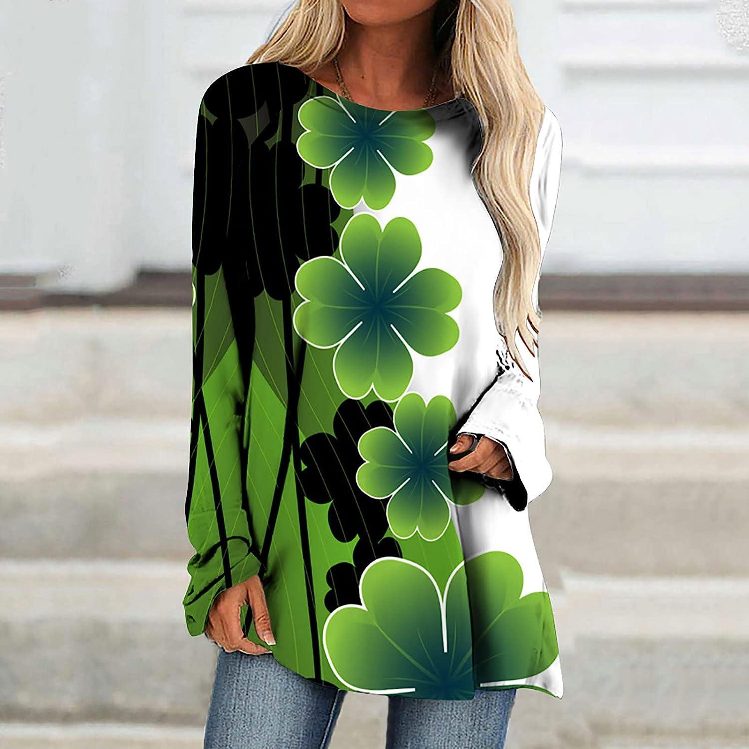 Womens Tops Trendy St. Patrick's Day Printed Crewneck Sweatshirt Casual  Loose Long Sleeve Pullover Tops Blouse Large White