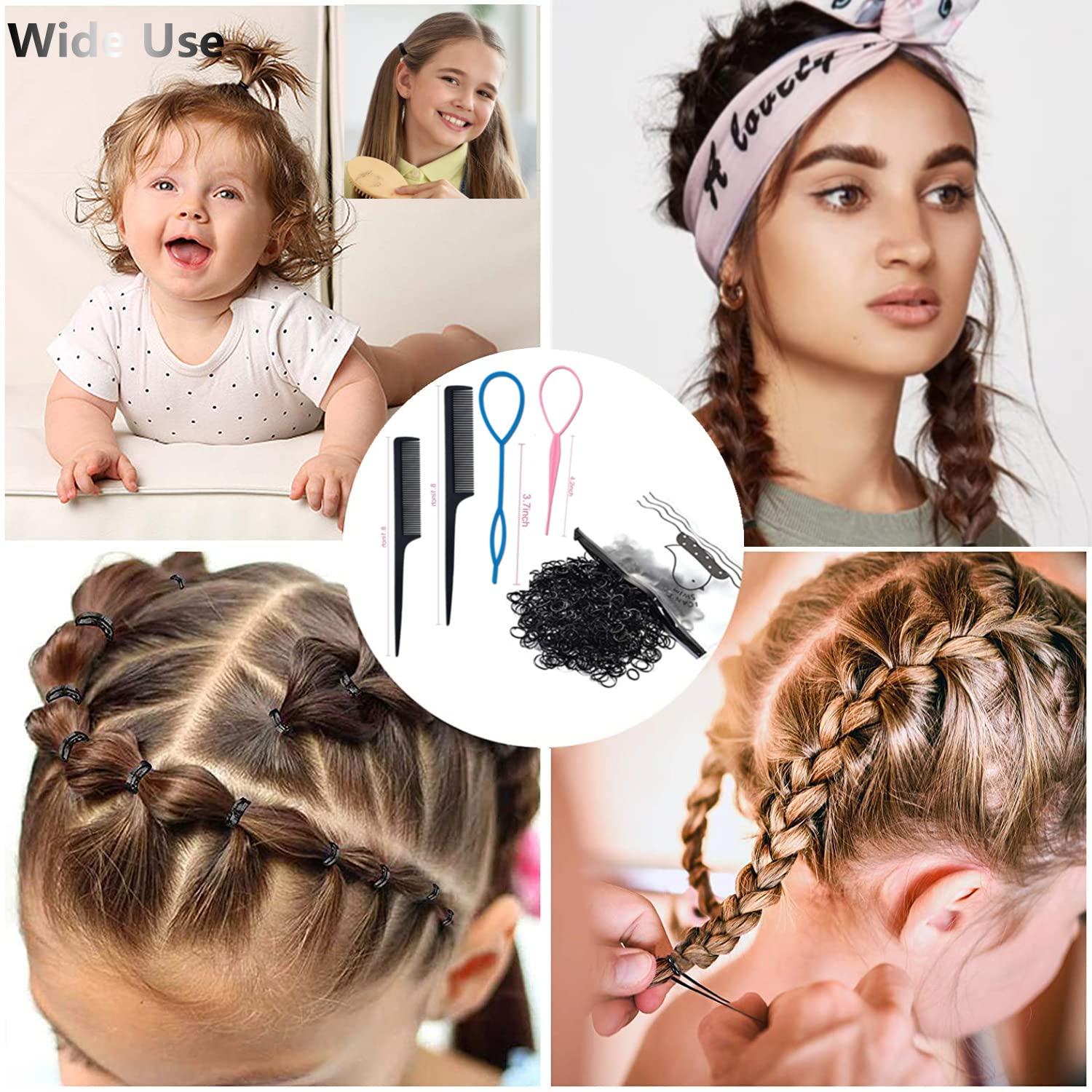 AIBEE Mini Rubber Bands, 1000pcs Small Black Elastic Hair Bands Hair Ties  with 2pcs Rat Tail Comb 4pcs French Braiding Tool Hair Loop Styling Tool  for Kids Girls Hair Braids Hair Accessories