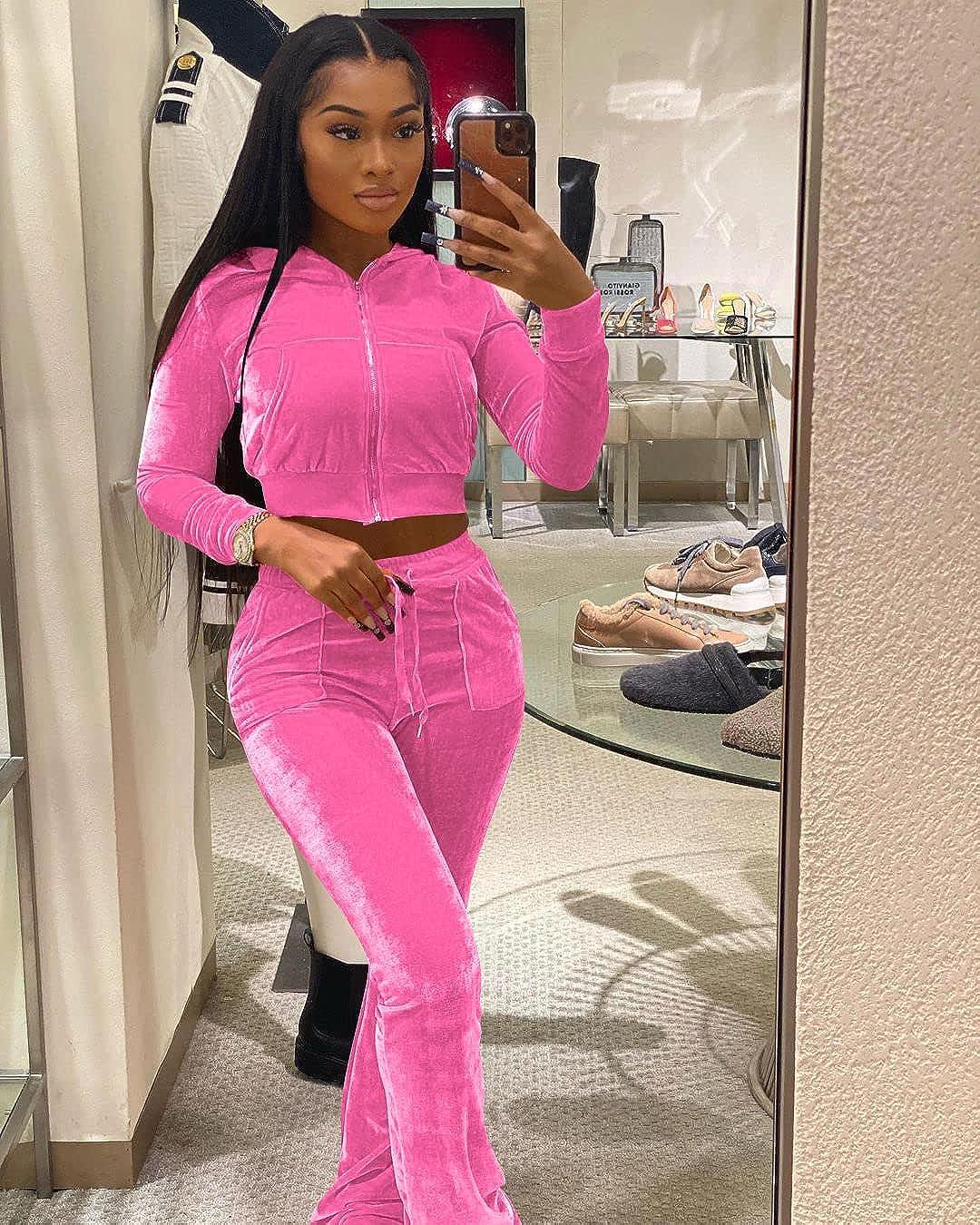 yidengymx Womens Velour Tracksuit Two Piece Outfits for Women Long Sleeve  Hooded Zip Crop Tops Flared Pants Set Pink-hoodie/Wide Leg Pants Medium