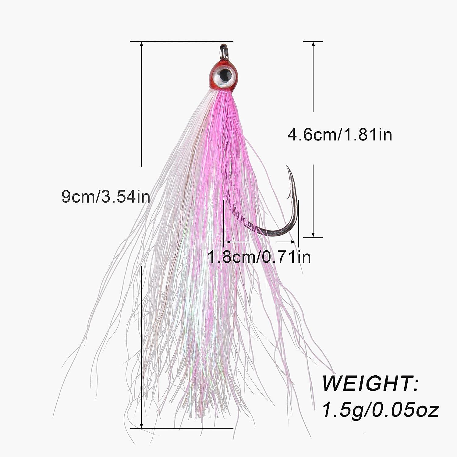 Fishing Bucktail Teaser Hooks,5pcs Saltwater Fishing Teaser Lures with  Bucktail Crystal Flash Skirt Big Eyes Fluke Flounder Rig Fishing Jig Hooks  5 Colors Pink &White-5pcs