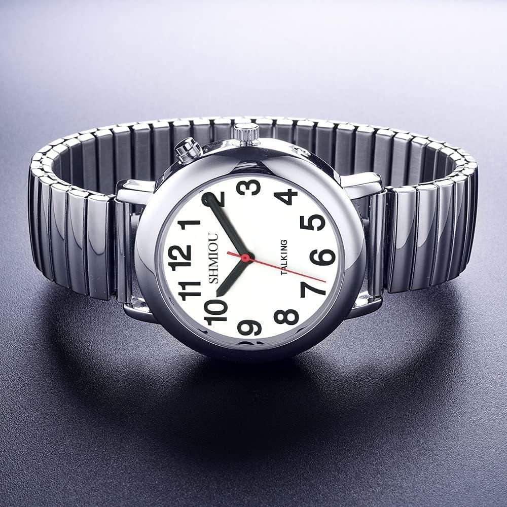 SHMIOU English Talking Watch for Visually Impaired Elderly Men Women Expansion Band Quartz with Alarm White Dial Silver Frame