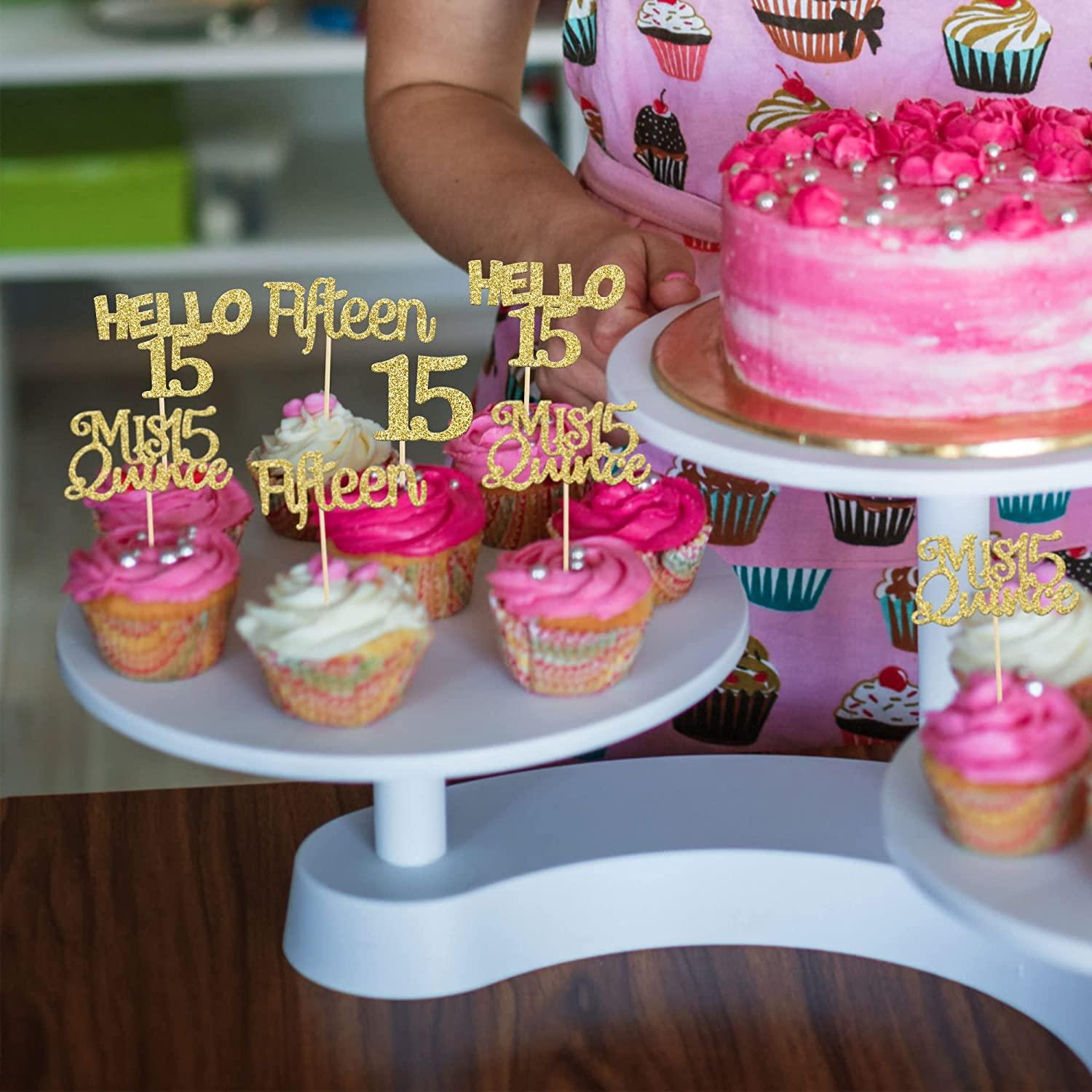 Gyufise 24Pcs Gold Glitter 15th Birthday Cupcake Toppers Mis Quince 15