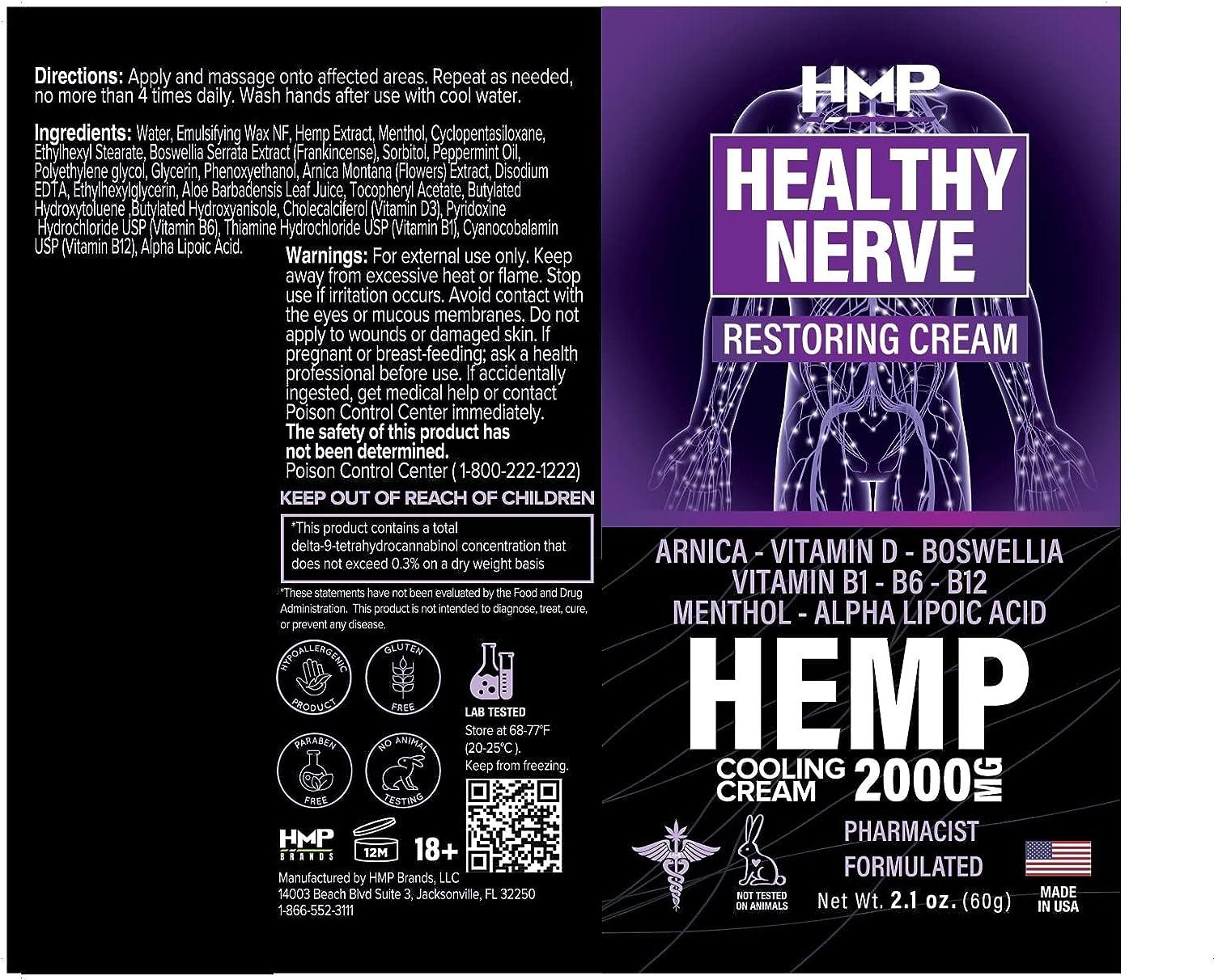 HMP BRANDS Neuropathy Cream Nerve Pain Support Hemp Cream 2000mg
