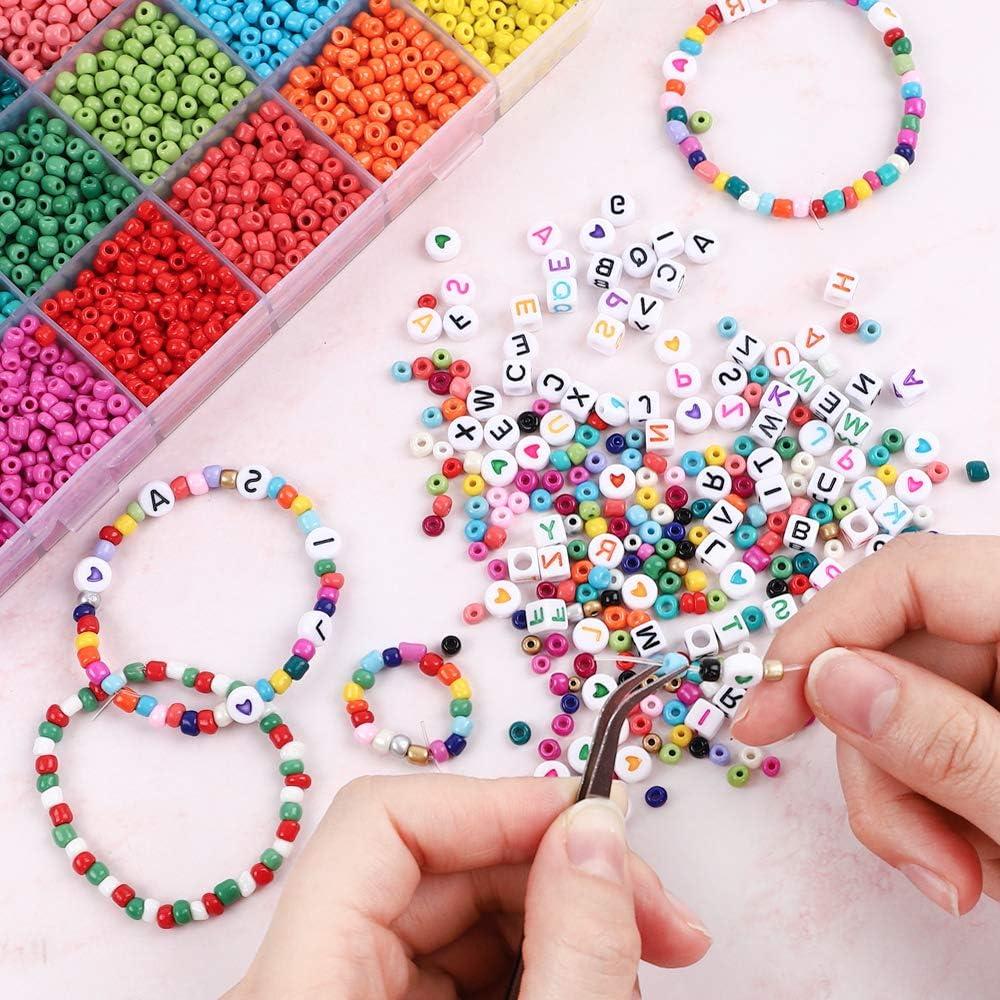 OUTUXED 7200pcs 4mm Glass Seed Beads for Bracelets Making Kit 300pcs  Alphabet Letter Beads for Jewelry Making and Crafts with Elastic String  Cords Tweezers and Accessories DIY Material