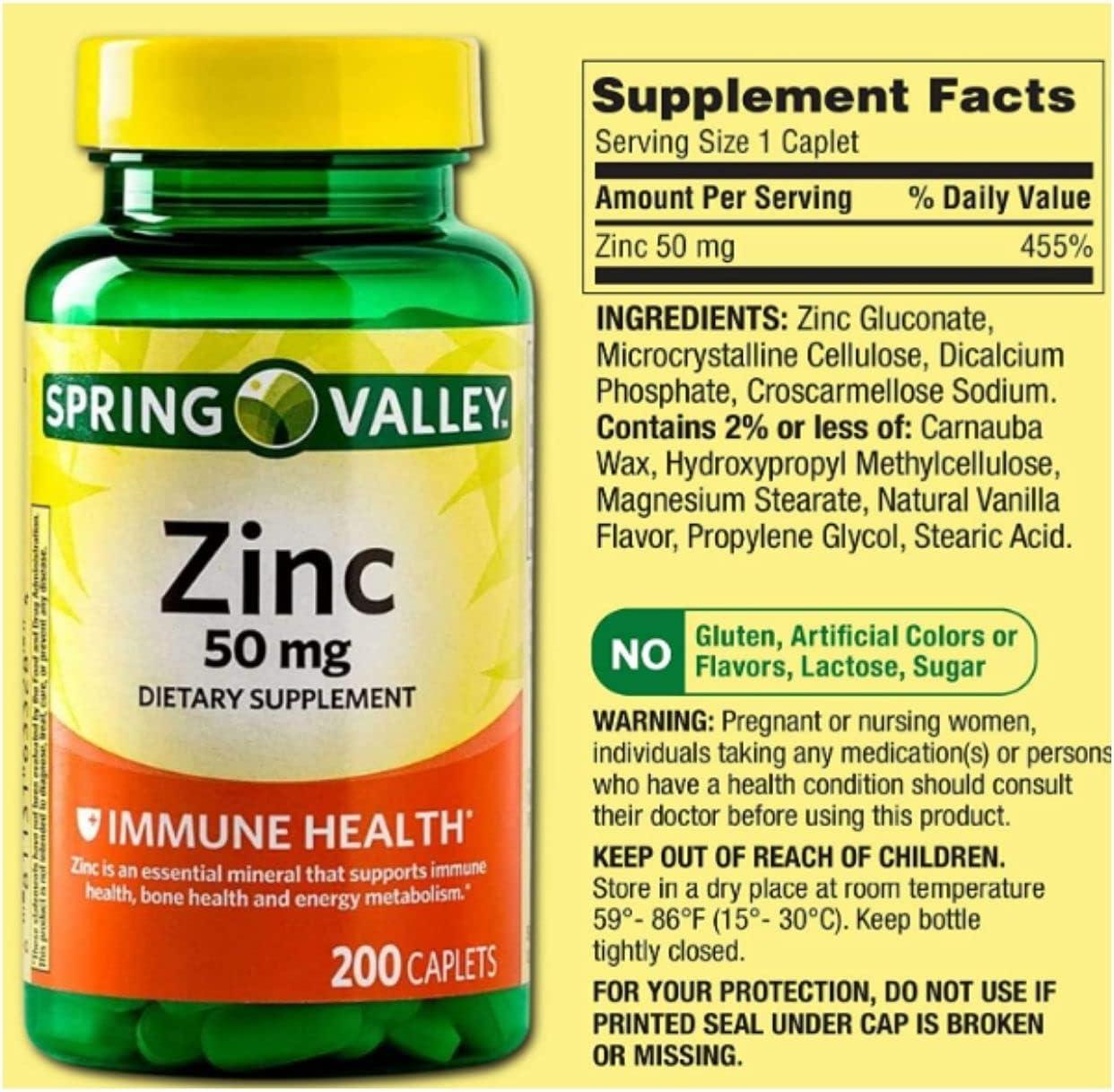 Spring Valley Zinc 50 mg Dietary Supplement 200 Caplets + STS
