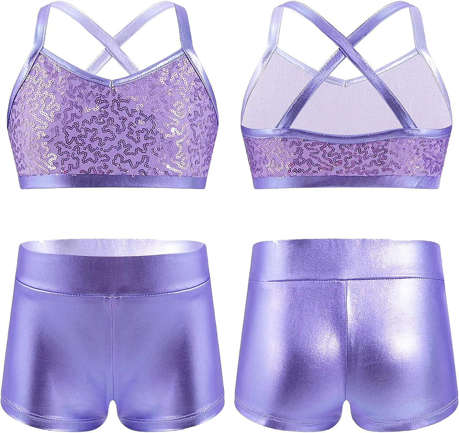 YUUMIN Kids Girls Crop Tops and Shorts Dance Outfits 2 Pieces Shiny Sequins  Dance Costumes Ballet Gymnastics Leotard Purple 7-8 Years