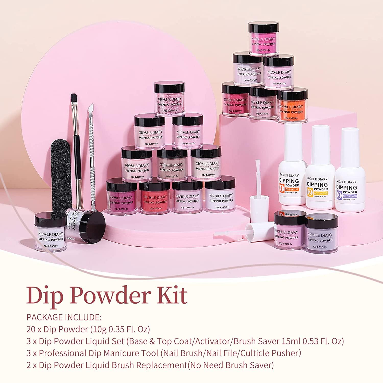 20 Colors Dip Powder Nail Kit NICOLE DIARY 28Pcs Dipping Powder