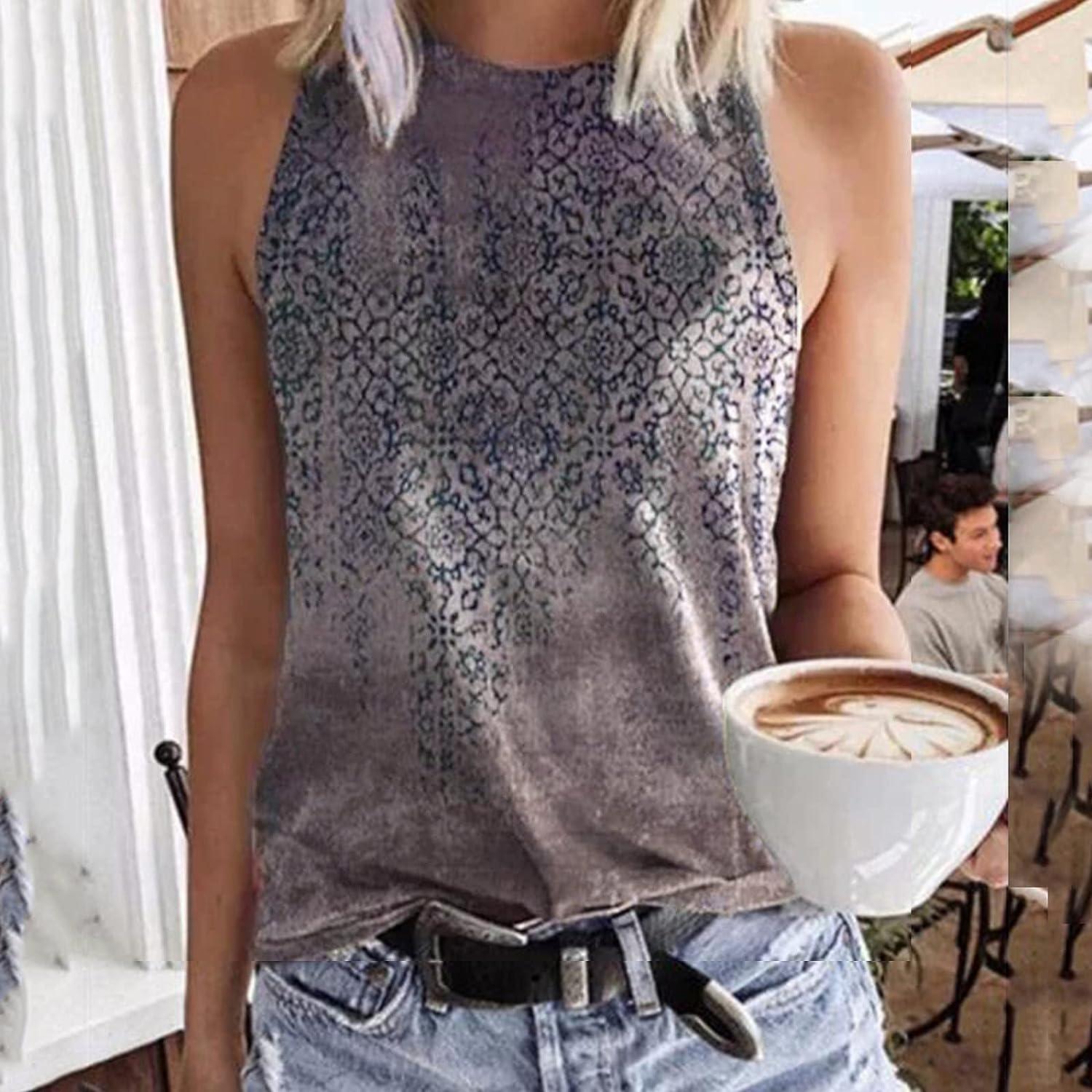Womens Spring Tops 2023 Cute Printed Crewneck Tank Tops Sleeveless Summer  Casual Basic Tops Loose Fit Cami Shirts Blouses A7-brown X-Large