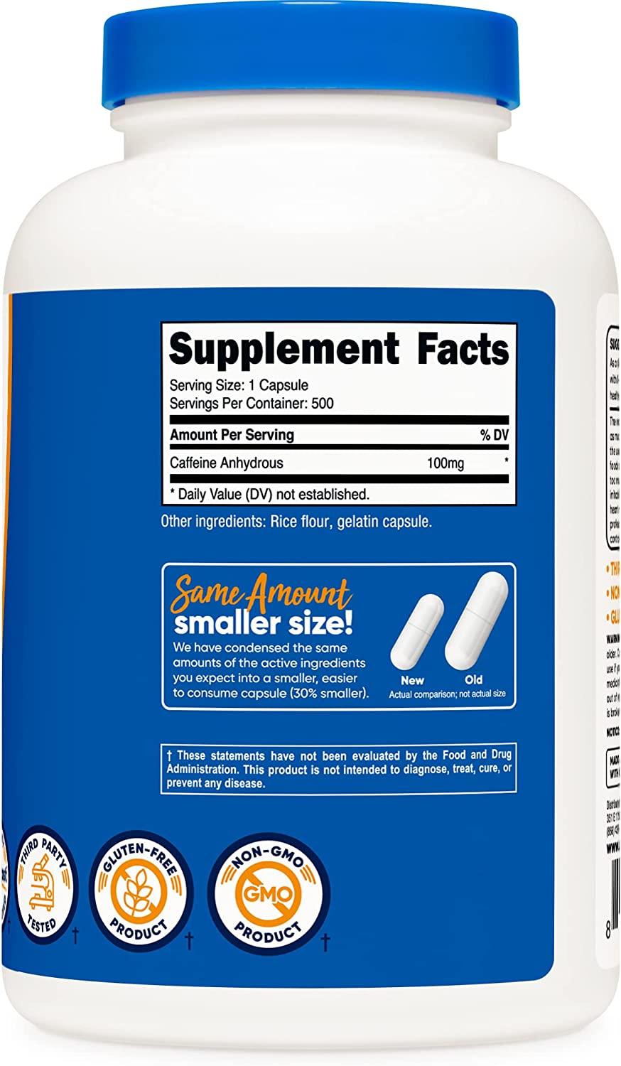 Nutricost Caffeine Pills 100mg, 500 Capsules 500 Count (Pack of 1)